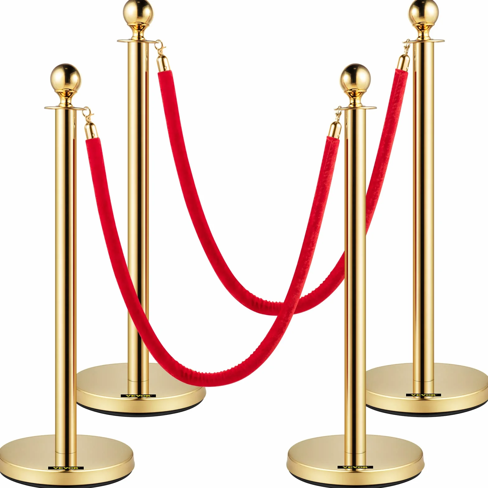 VEVOR Corde e Pali in Velluto, Corda Rossa da 1,5 m/5 Piedi, Acciaio Inox Dorato Barriera per Controllo della Folla Utilizzata per Teatri, Feste, Matrimoni, Mostre, Biglietterie, Set da 4 pezzi