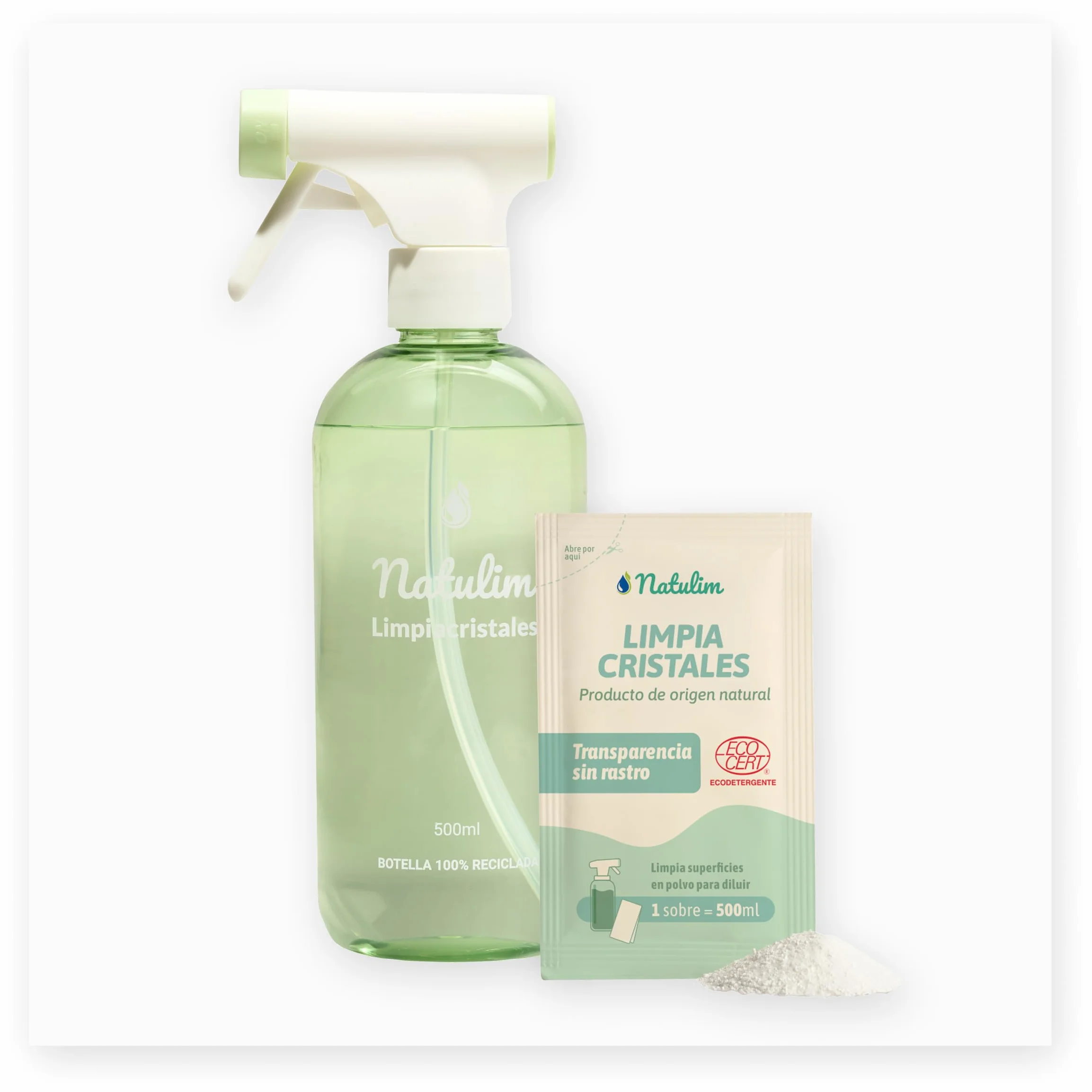 Natulim Confezione di detergenti per vetri – Pulizia profonda e senza traccia per superfici trasparenti – Set spray ricaricabile da 500 ml + 2 buste di ricarica (1 bustina = 500 ml).