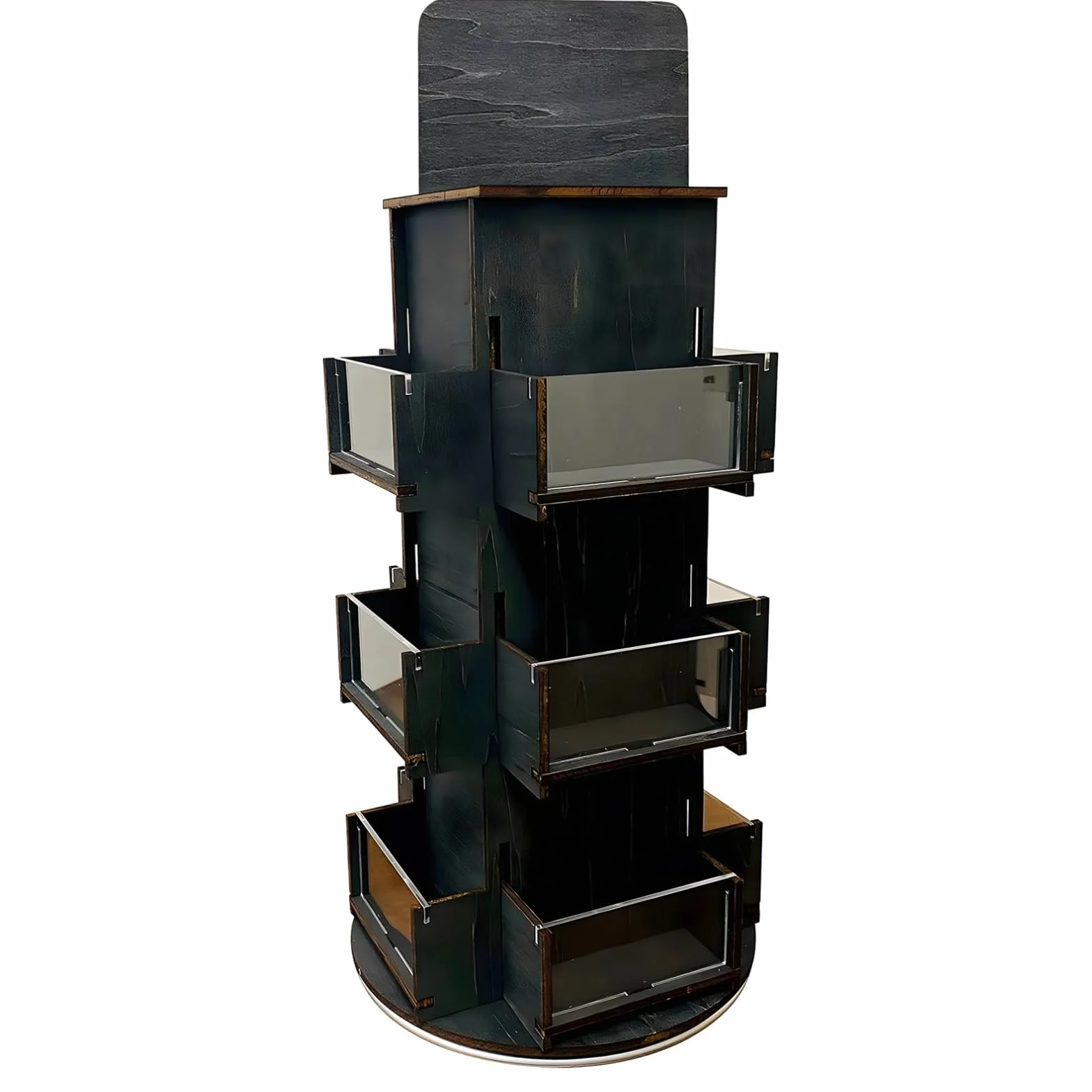 Scaffale organizer da banco in legno nero, espositore girevole a 3 livelli per venditori, espositore per adesivi alto 53,3 cm, diametro 23,6 cm, facile da montare