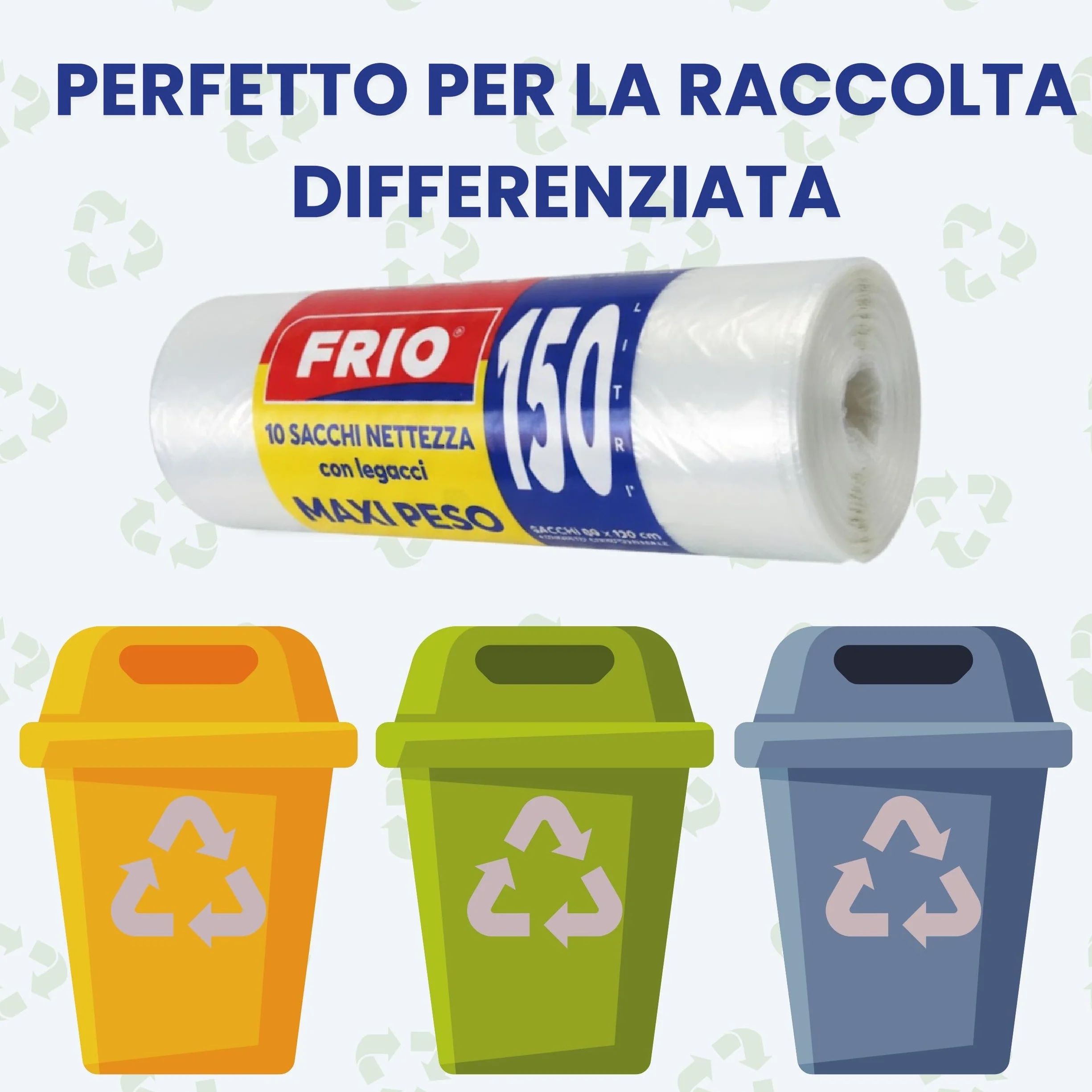FRIO - 200 sacchetti grandi, 150 litri, trasparenti, sacchi spazzatura condominiali formato scorta per bidone raccolta differenziata, con legacci. Buste spazzatura 80x120 cm, multistrato, resistenti