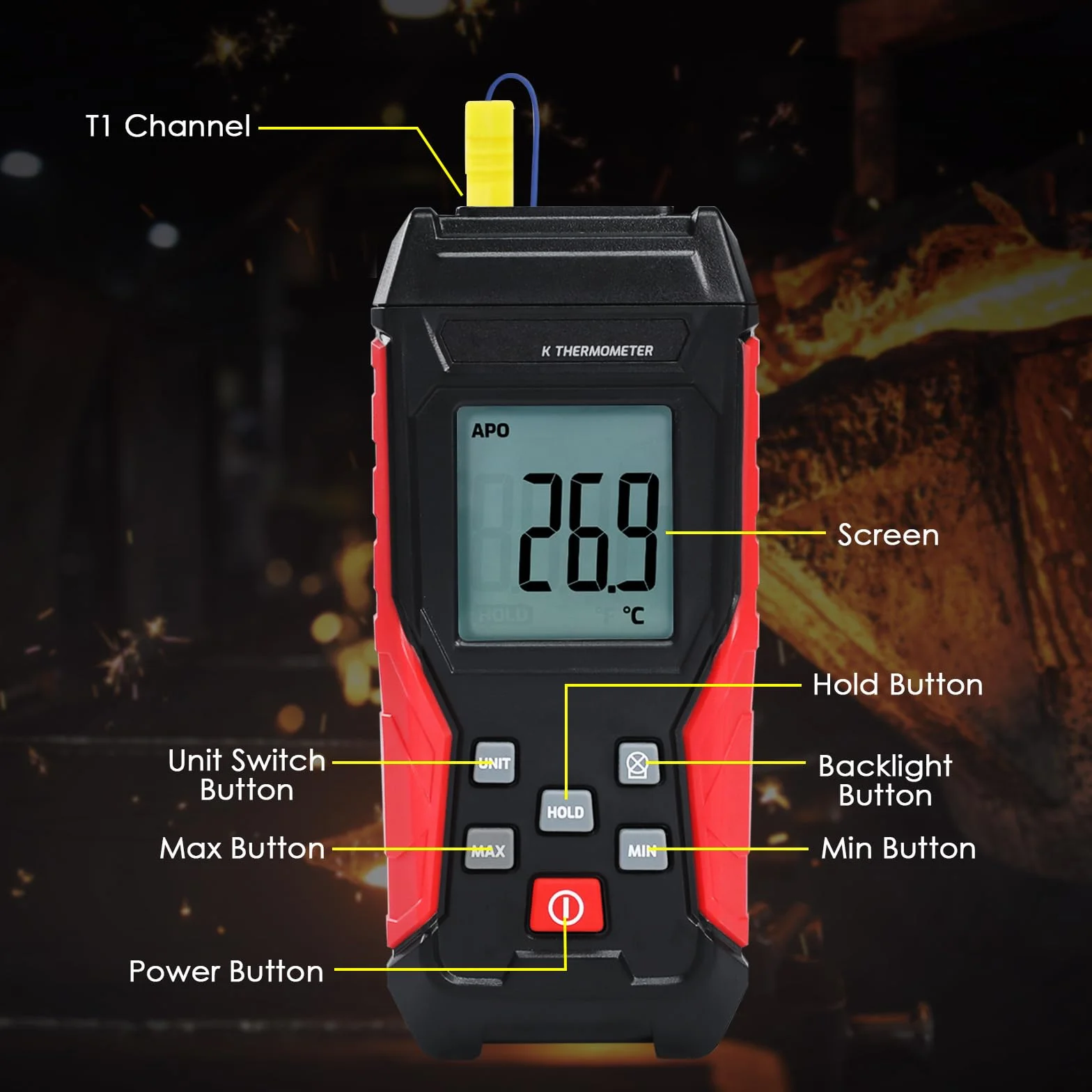 Termometro digitale tipo K 2 sonde termocoppia 2 pinze temperatura industriale monocanale -328°F a 2500°F display LCD retroilluminato Max/Min mantenimento dati