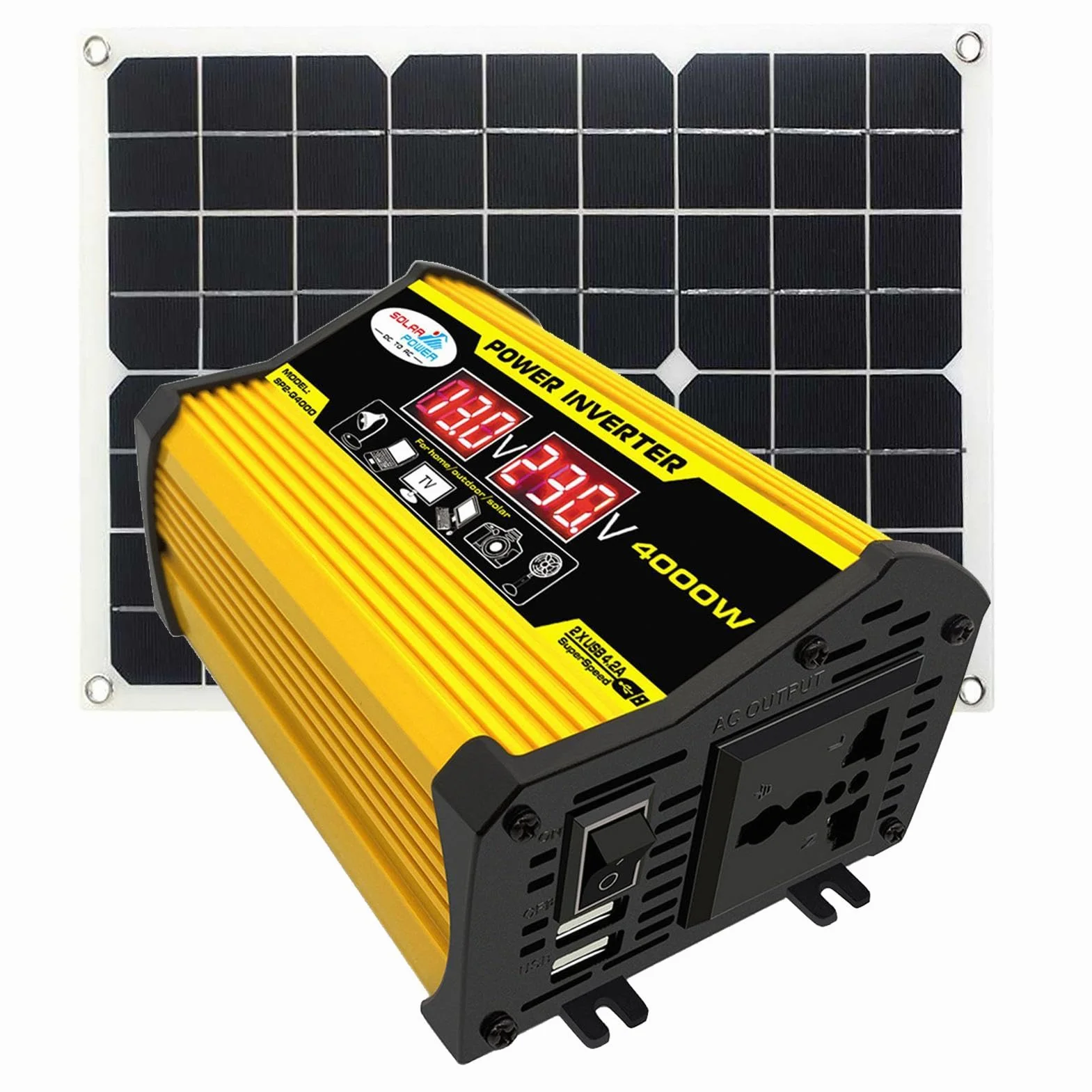 Energia solare - Kit pannello solare portatile | Inverter di potenza da 4000 W con 2 porte USB, regolatore di carica solare da 30 A, display LED, ricarica rapida per alimentazione