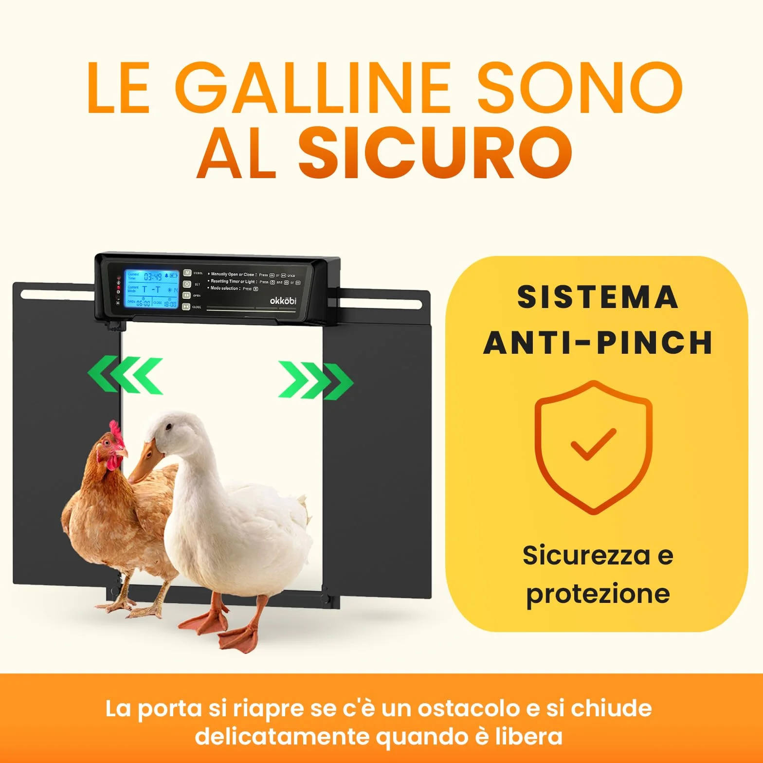Porta Automatica Pollaio Extra Large Solare – Display LCD, Telecomando, Sensore di Luce, Timer & Funzione Antipizzicamento – Apertura 28,7 x 22,1 cm – Protezione 5 Anni – Nero - Okköbi