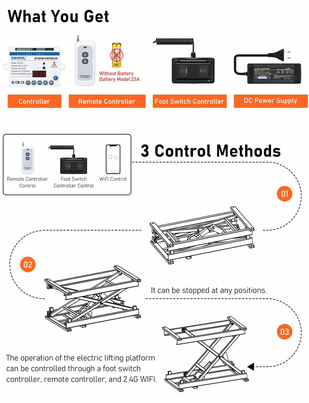 DIHOOL Electric Lifting Tables 150kg Carico, 195-680 mm Altezza Regolabile Forbici Tavolo, Pedal Control