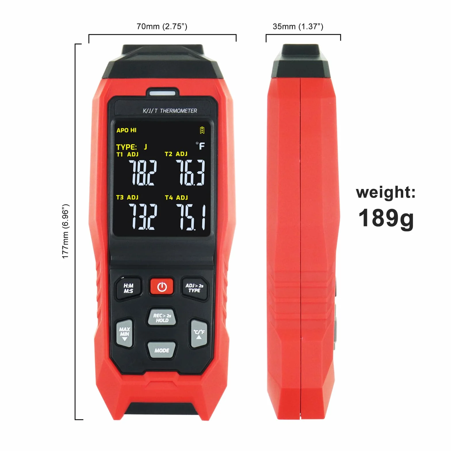 Termometro a Termocoppia Digitale Data Logger 4 Canali tipo K/J/T -200~1372°C Misuratore di Temperatura con Allarme
