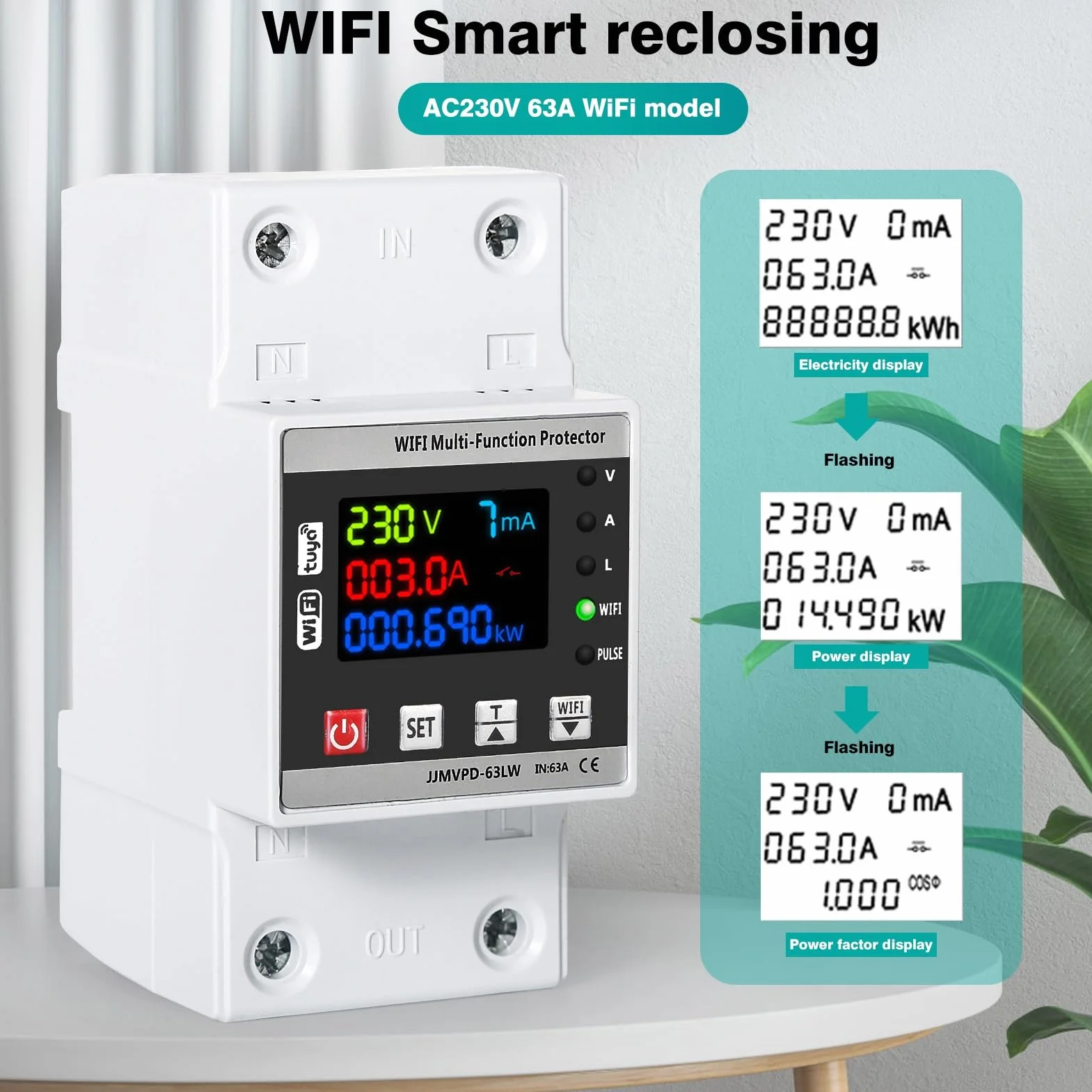 DEWIN Contatore Energia Elettrica WiFi,63A 220V Protettore di Sovratensione e Sottotensione Misuratore Energia Elettrica WiFi Scaricatore di Sovratensione 220V