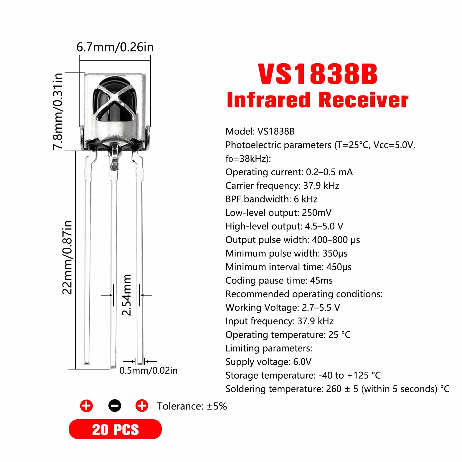 YIXISI 20 Pezzi VS1838B Ricevitore a Infrarossi, Moduli Ricevitore IR a Infrarossi