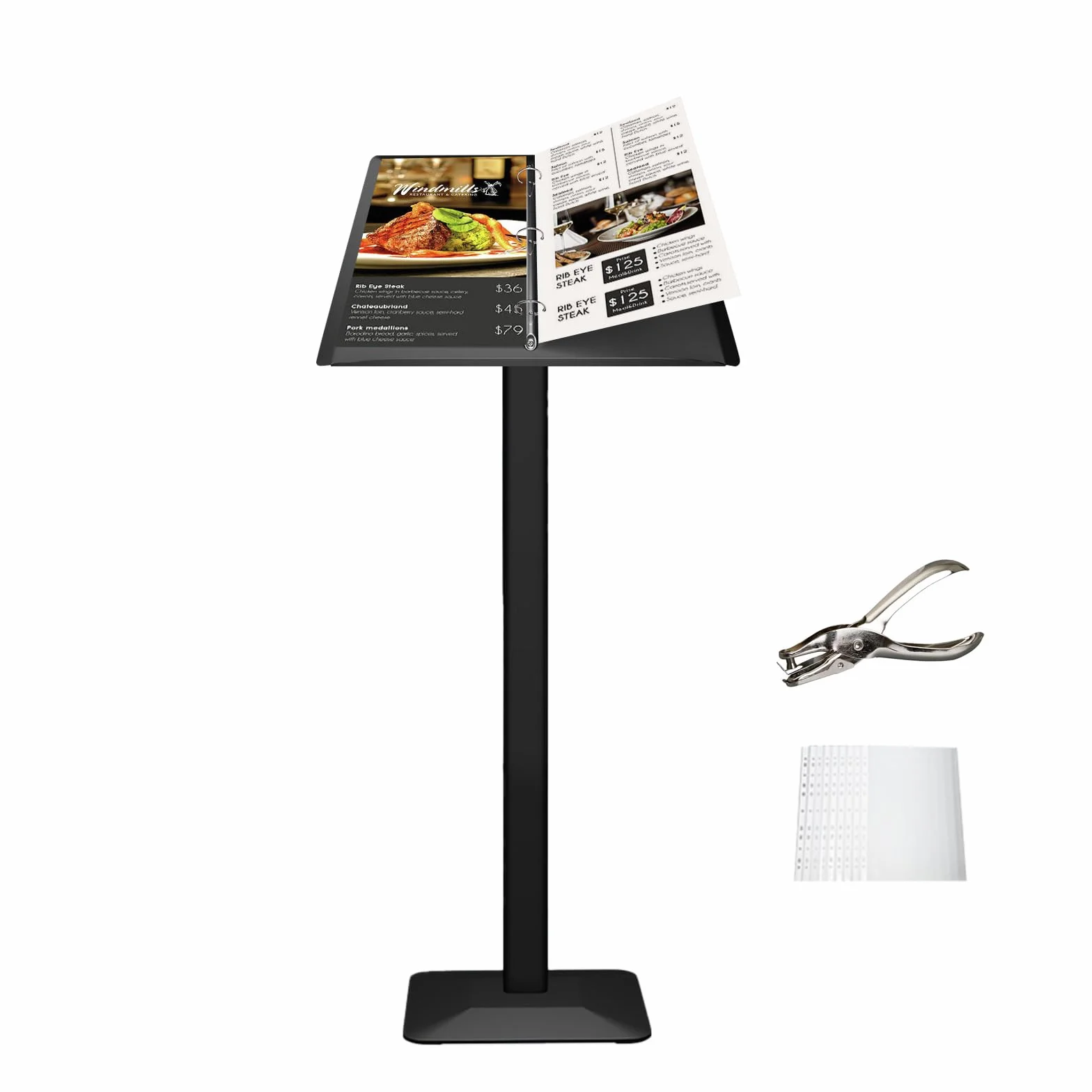Supporto per menù per esterni, in metallo, resistente alle intemperie, con set di attrezzi, per ristoranti, caffetterie, negozi, colore (nero)