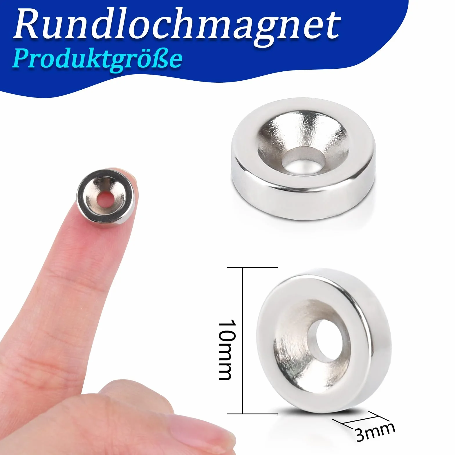 Magneti al Neodimio 10x3mm con Foro per Viti, Diametro di Affossamento 3mm, 60 Pezzi, Rotondi Piatti per Bacheca Frigorifero