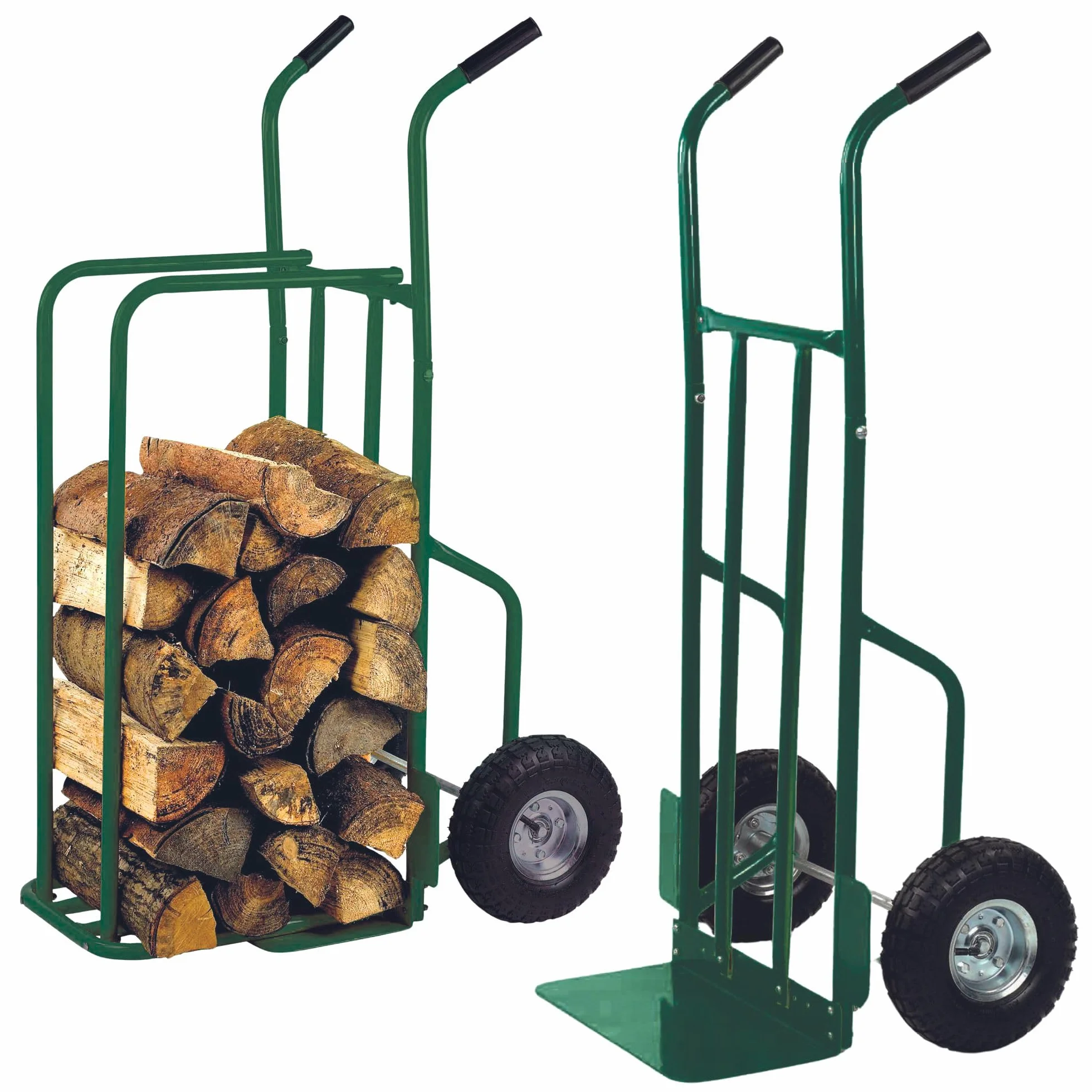 Toolland Carrello portalegna verde con ruote pneumatiche, telaio in acciaio, 250 kg max, 3 posizioni, maniglie softgrip, ideale per trasportare e impilare la legna