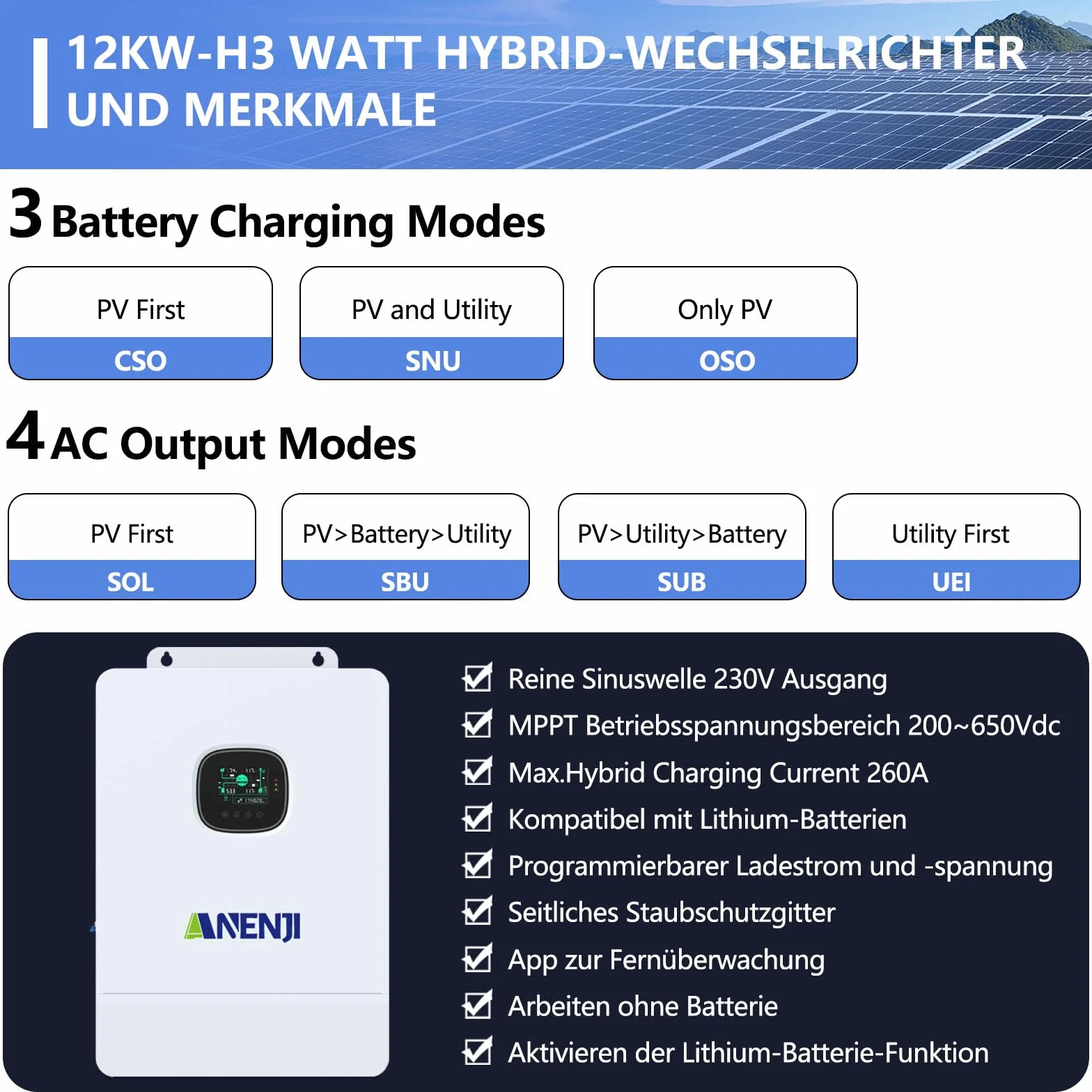 Inverter ibrido da 12 KW All-in-One singolo fase e tre fasi 48 V DC a 230/400 V AC inverter solare integrato 260 A, regolatore di carica MPPT, per acido piombo, batteria al litio o batterie