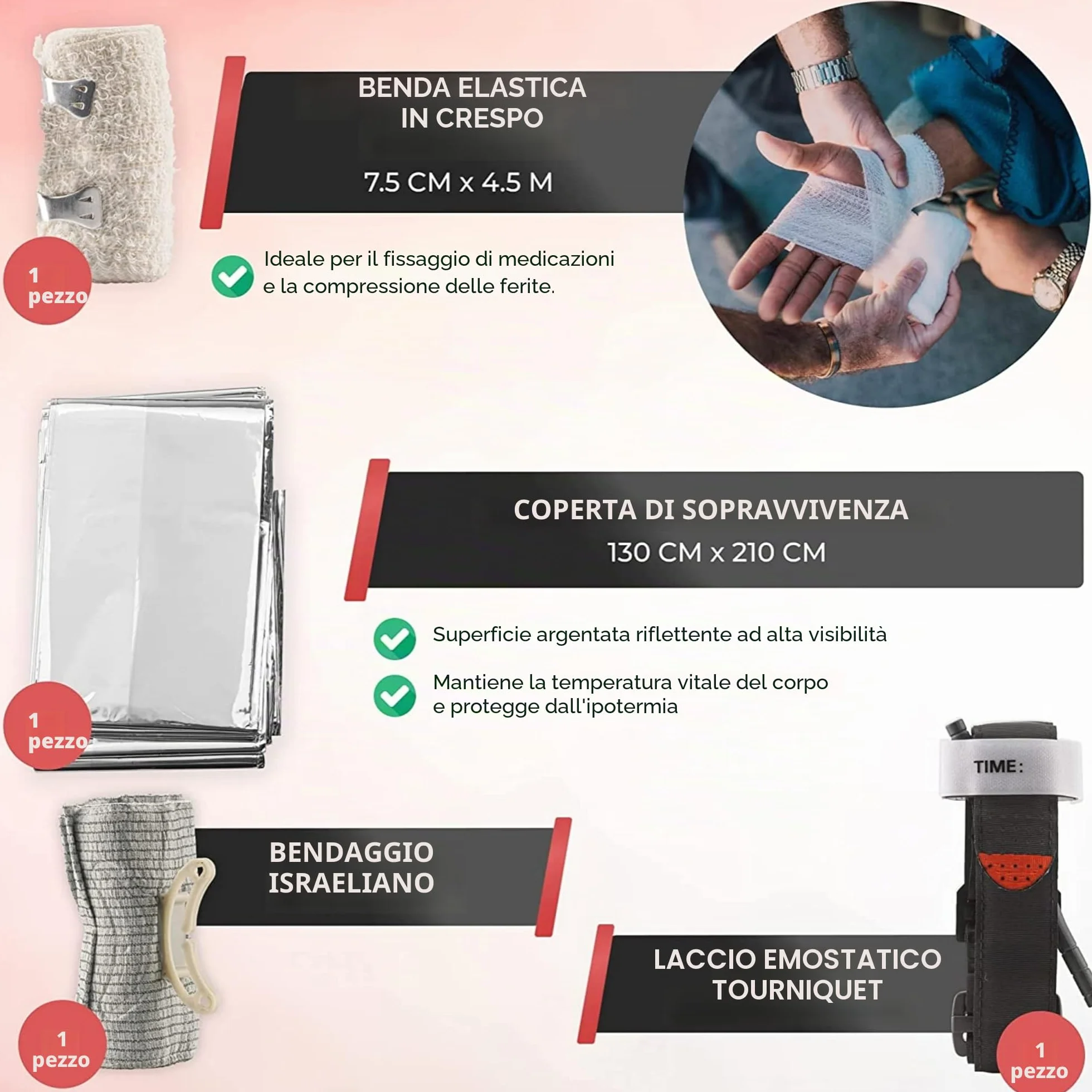 Laccio Emostatico Tourniquet - Attrezzatura Medica Professionale di Primo Soccorso - Kit di Pronto Soccorso Completo - Attrezzatura Militare - Bende/Forbici/Coperta di Sopravvivenza