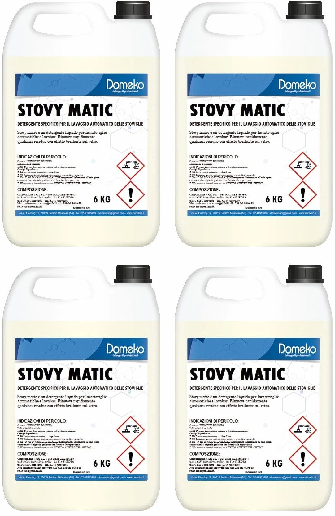 Domeko- Detergente Lavastoviglie Professionale Liquido Acque Dure, 4 Pezzi X 6 Kg