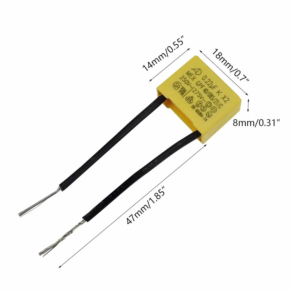 2 Pezzi Condensatore Polipropilene Anti Interferenza 0,22µF 275V X2 | Condensatori di Sicurezza per luci Lampeggianti Lampadina a LED Non in Uscita Anti-sfarfallio