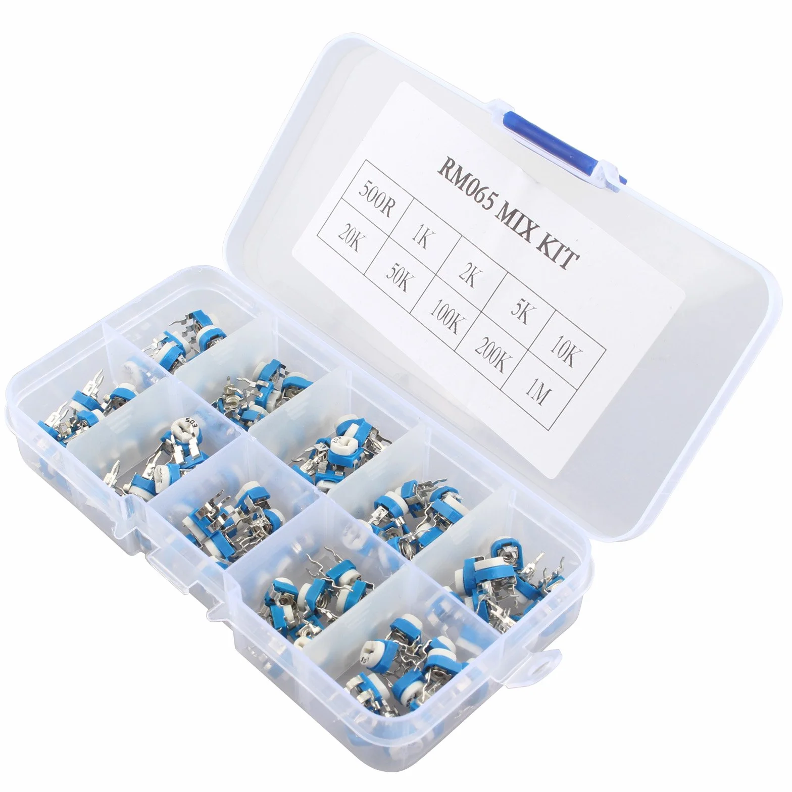 RM065 kit 100 pezzi assortiti trimmer 6mm 10 valori potenziometri resistori variabili valigetta plastica