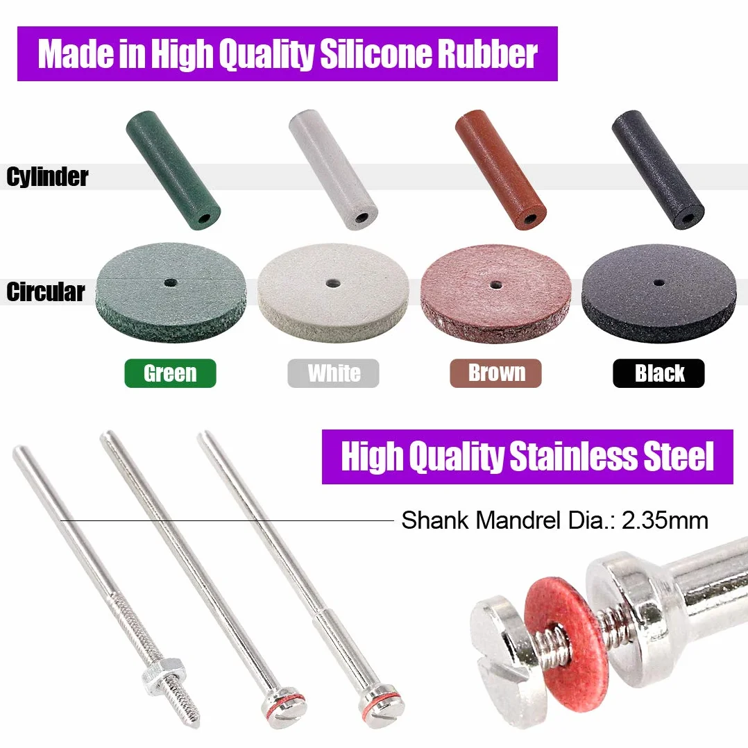 Swpeet - Kit di 46 ruote per lucidatura, 40 pezzi, 4 colori misti in gomma siliconica e particelle di lucidatura + 6 codolo mandrino, perfetto per utensili rotanti a mano