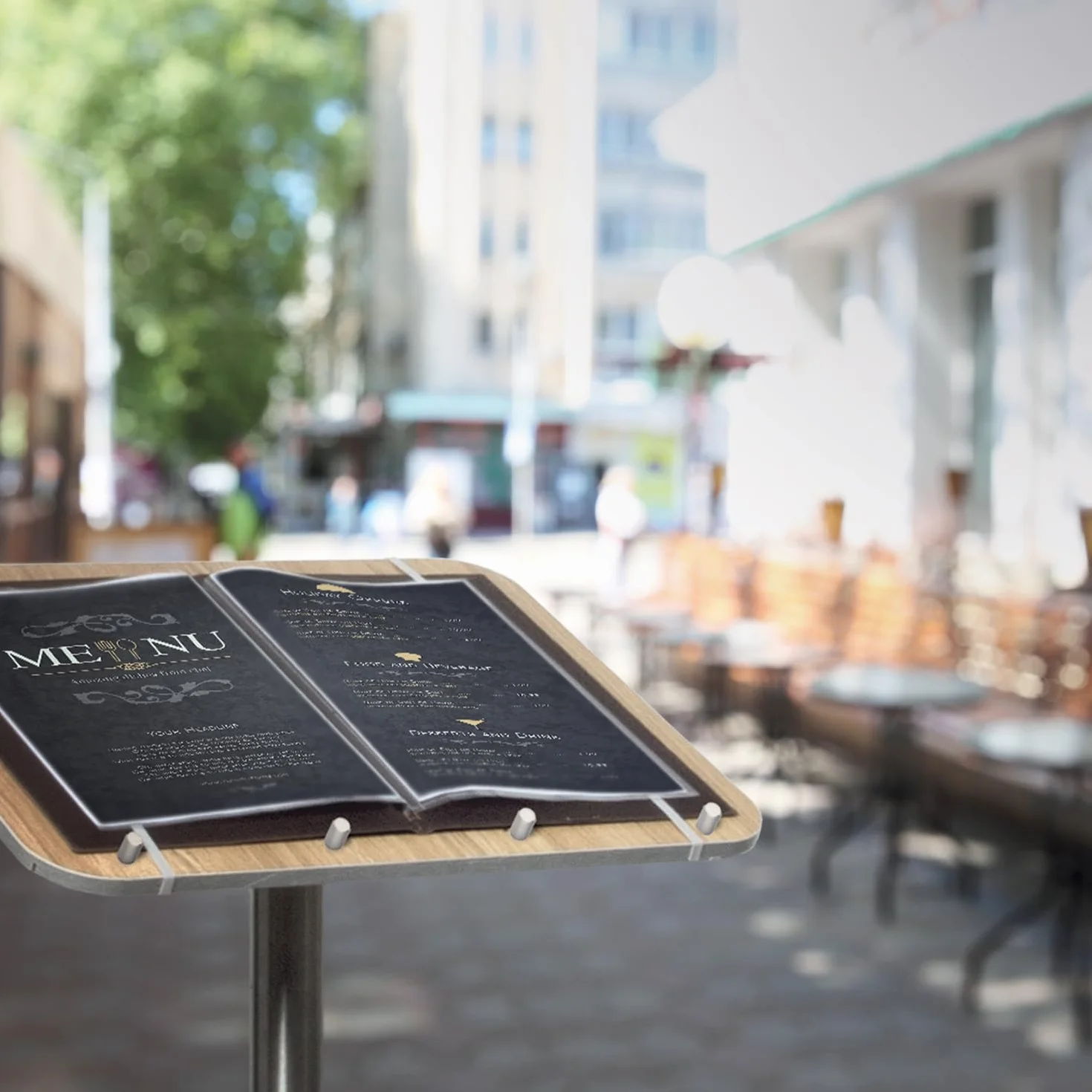 SECURIT - Leggio Porta Menu con Palo e Base - Per Caffè, Ristoranti, Bar, Negozi - Legno Laminato con Base in Acciaio Inox - Quattro Perni in Metallo e Elastici Inclusi - Teak