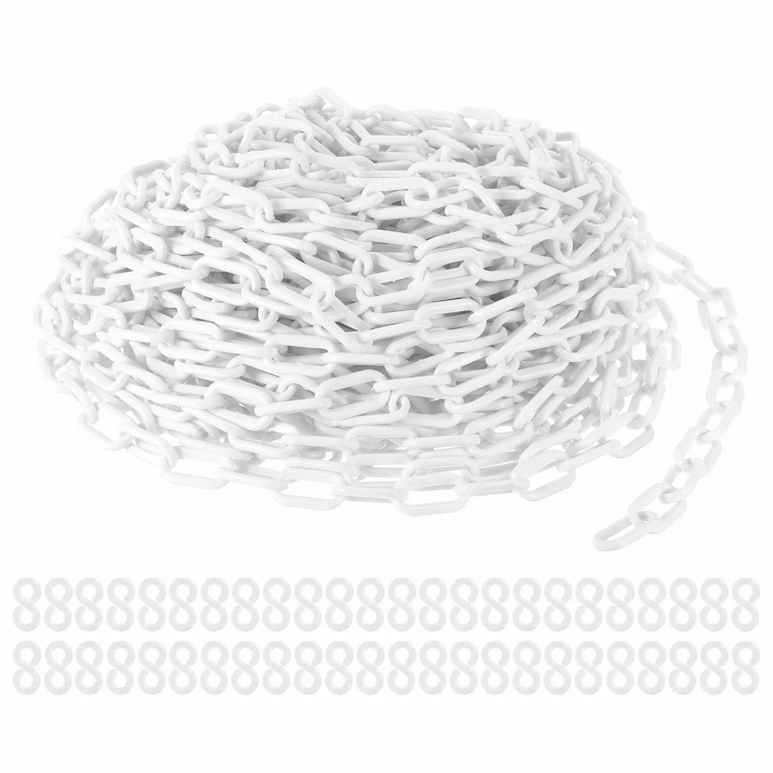 PATIKIL Catene di Plastica, 100 Piedi di Catene di Sicurezza, Bianche, Altezza 0,24"/6mm, con 24 Ganci di Plastica Bianchi per Barriere