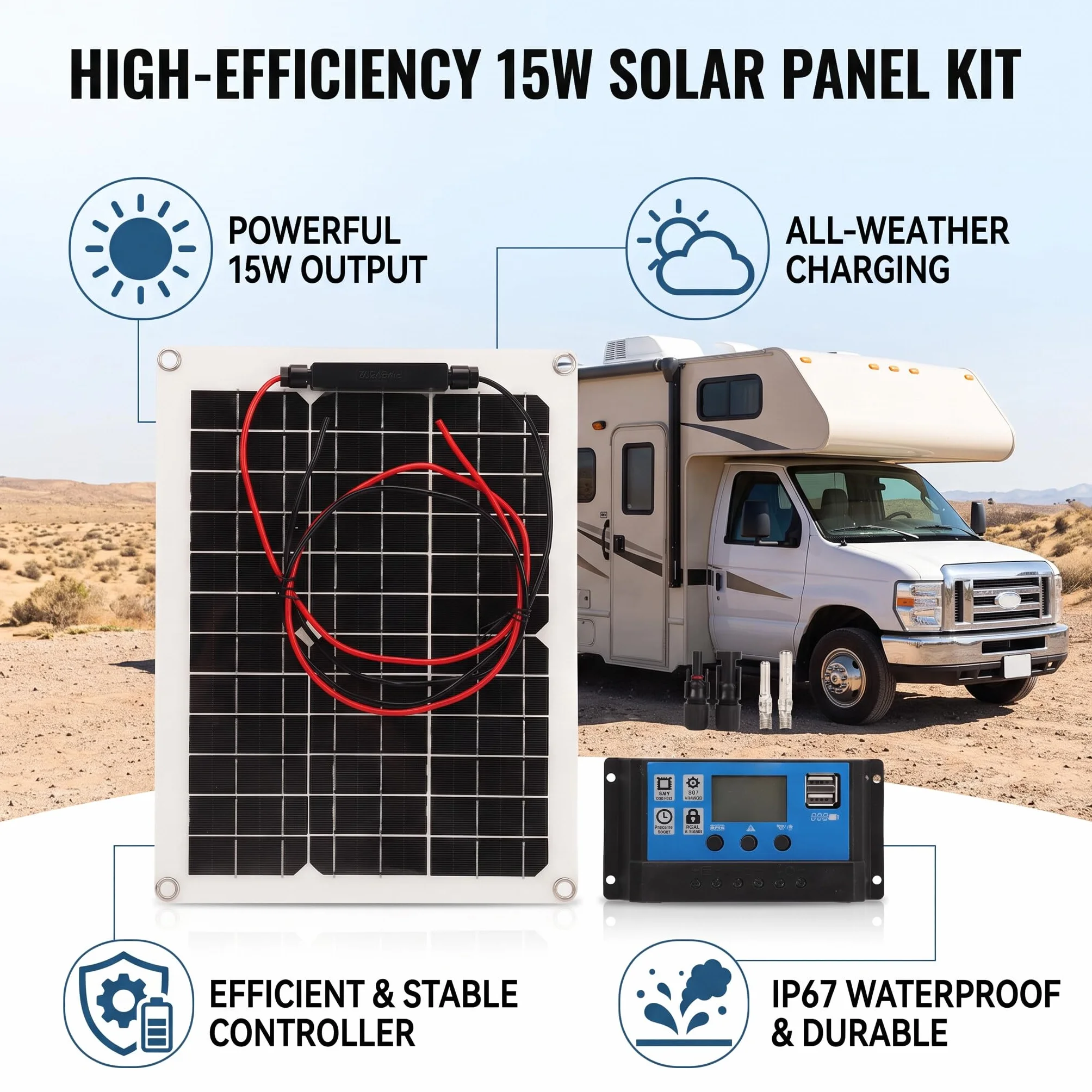 Pannello Solare 300W Alta Efficienza per Campismo e Outdoor con Regolatore di Carica IP67 - Kit Solare Completo 12V/24V 50A per Auto e