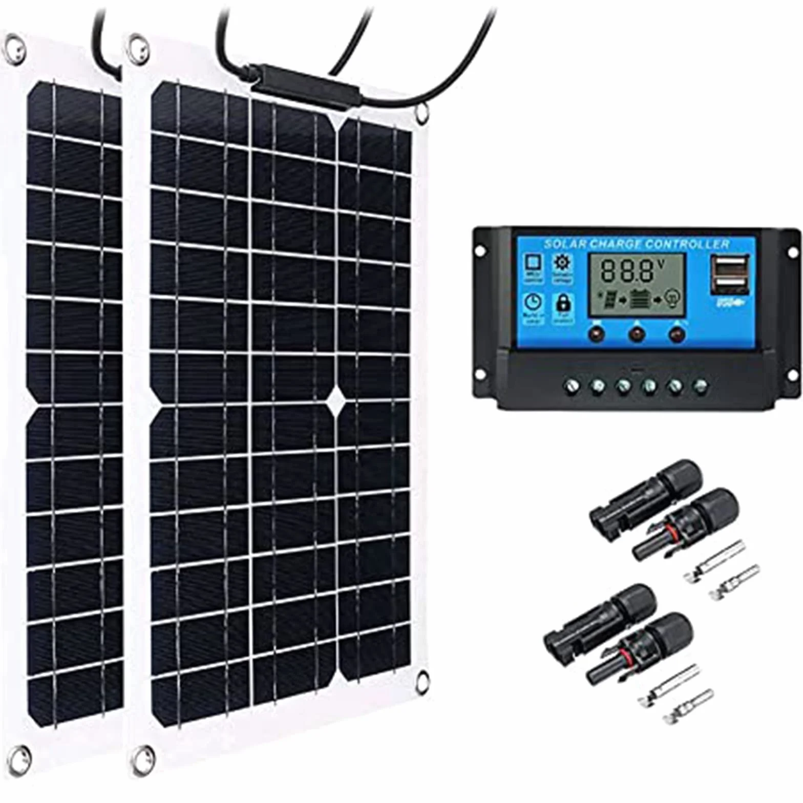 Kit pannello solare off-grid da 200 W, 2 pannelli fotovoltaici flessibili da 100 W con controller da 60 A, sistema solare pieghevole per camper, barche, rimorchi e camper