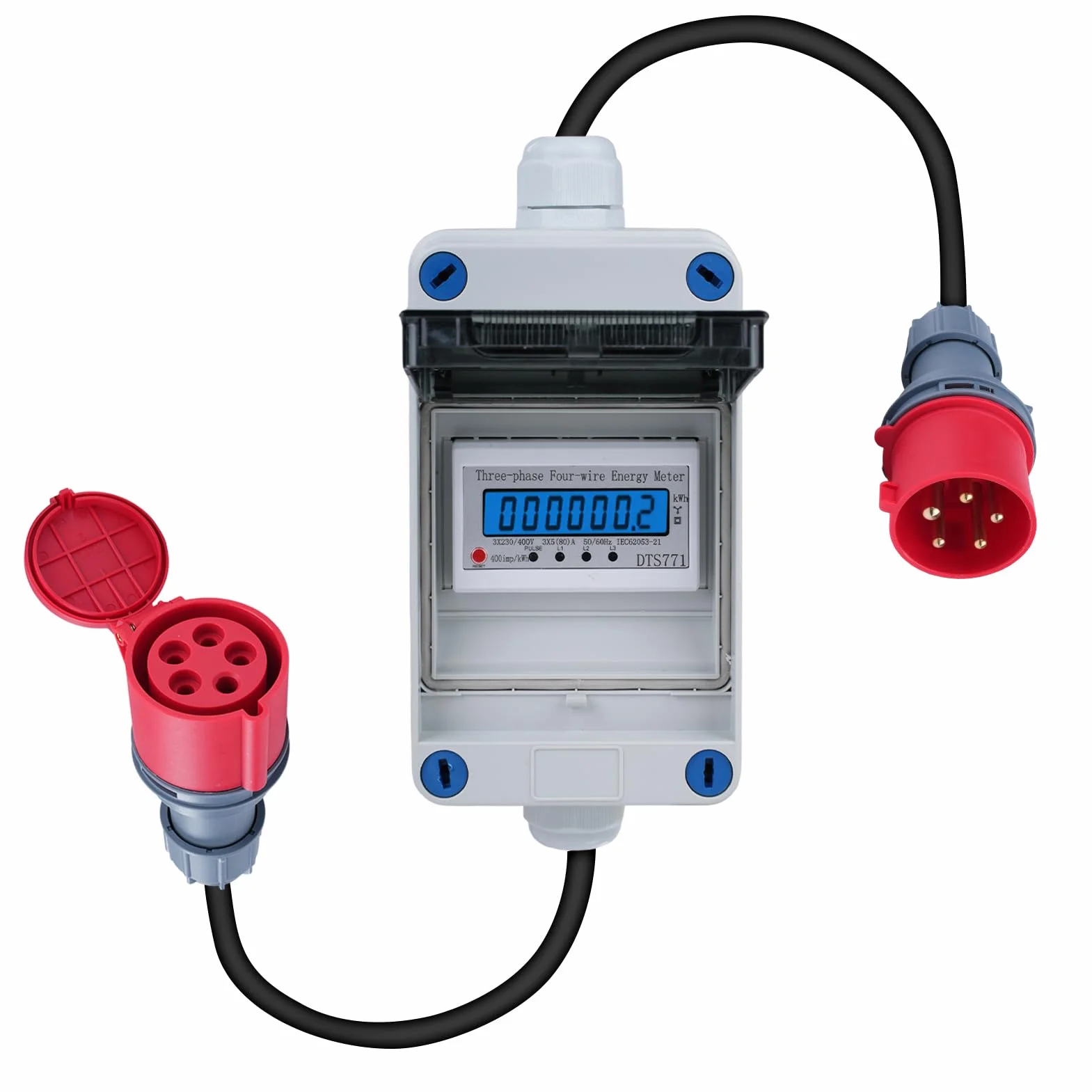 DEWIN Contatore Elettrico Digitale Mobile,16A 400V Trifase Contatore Elettrico Digitale Mobile Mobile Meter CEE Plug 3 Fase Misuratore Consumo Elettrico con Reset con Spina Industriale/Cavo 2 Metri