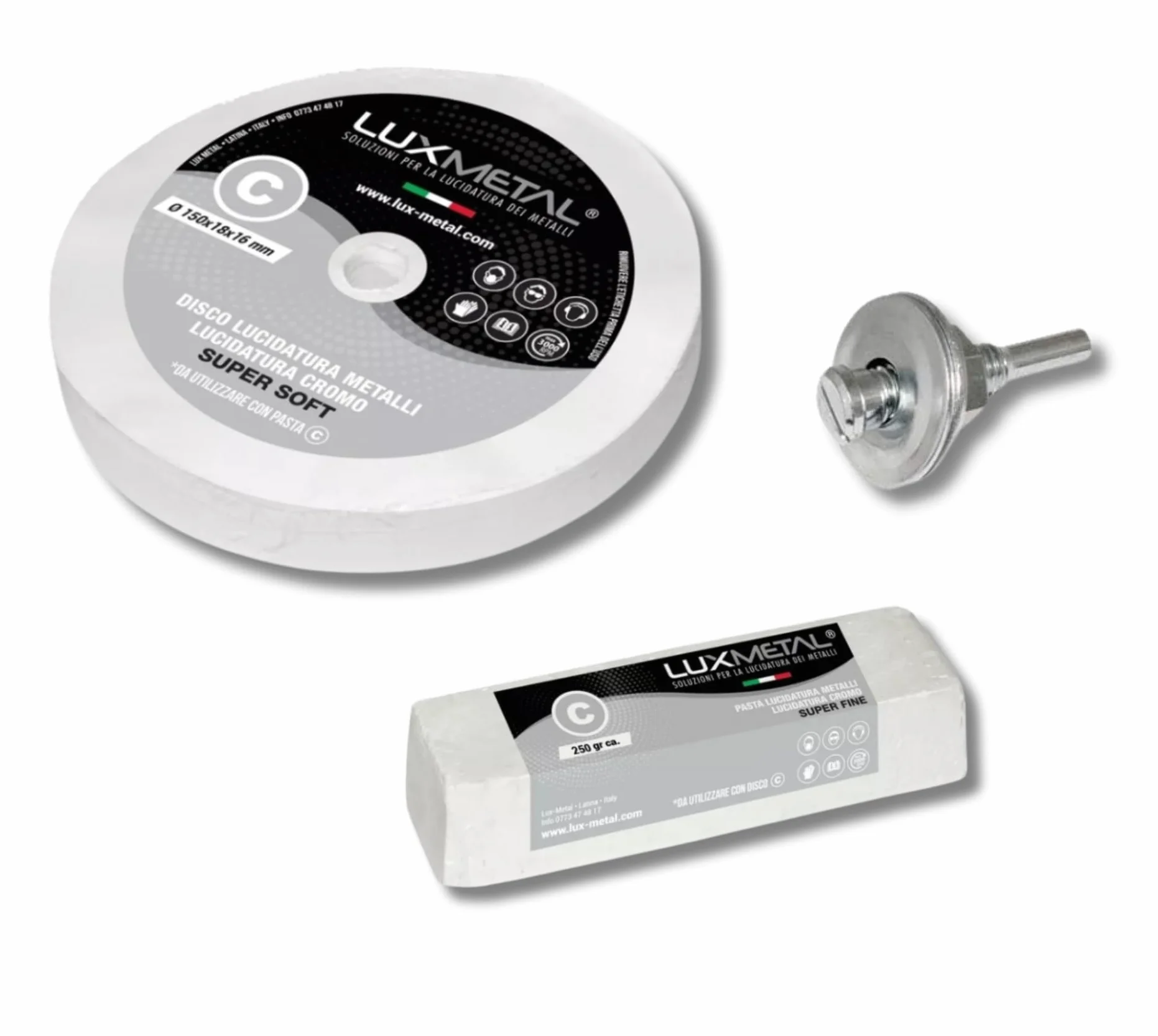 Lux Metal Kit 1 Pasta Abrasiva Lucidante 250 gr e 1 Disco Lucidatura in cotone 150 mm (S-Fine) Per Lucidare Metalli Acciaio Inox Alluminio Ferro Lucida Cromature Plexiglass Marmo Ottone Rame Plastica