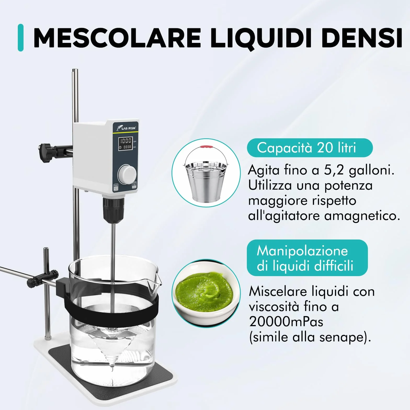 LAB FISH Agitatore a Immersione Overhead Stirrer, Miscelatore da Laboratorio 50W con Pala e Supporto Acciaio Inox, Velocità Regolabile 100-2000 RPM, Timer 1min-24h, per 20L & 20000 mPas