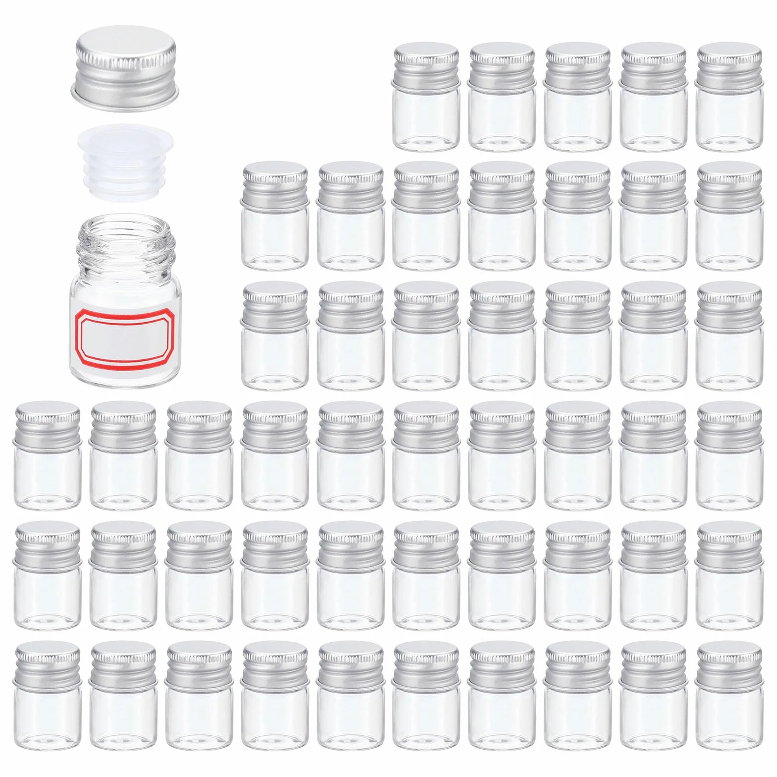 PATIKIL 5ml Fiale Vetro Trasparente, 50pz Piccola Fiala Modello Liquido con Tappi Vite Plastica Fermi e 64 Etichette Bottiglie Anti Perdita Barattoli Vuoti