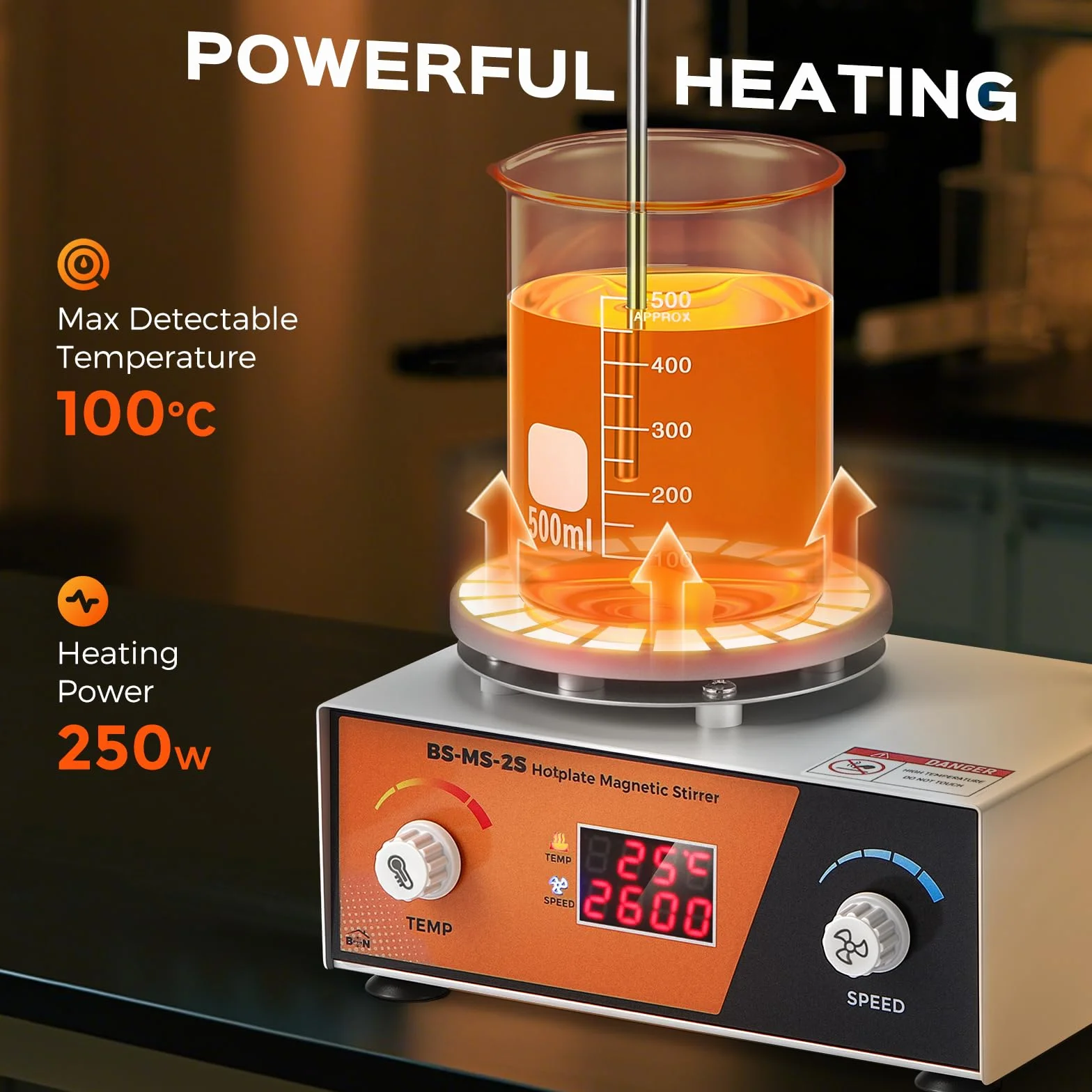 Bonviosin Agitatore Magnetico con Piastra Riscaldante 2L, Display Digitale 700-2600 RPM, Mixer da Laboratorio 100℃ 180W, Asta Supporto Sensore Pieghevole, 120x120 mm (EU)