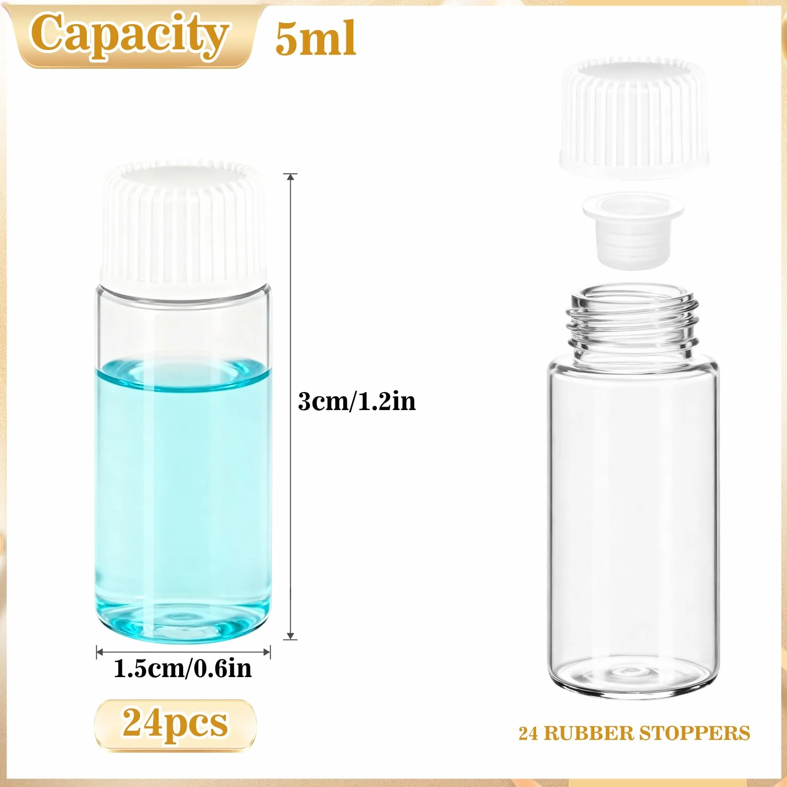 24 Pezzi Piccola Bottiglie di Vetro Campione,5ml Fiale di Vetro Trasparente Essential Oil Sample Glass Bottle Vial con Tappo a Vite in Plastica Contenitore