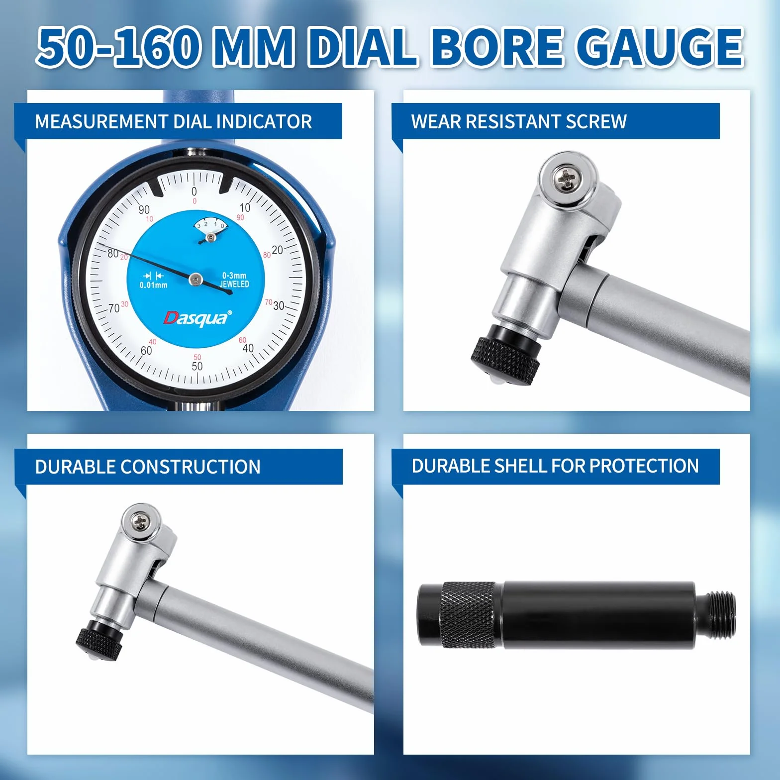 Dasqua Alesametro con Comparatore Centesimale - Scala di Misura da 50 a 160 mm - Graduazione di 0.01 mm - Punta di Carburo di Tungsteno - Robusto e Duraturo