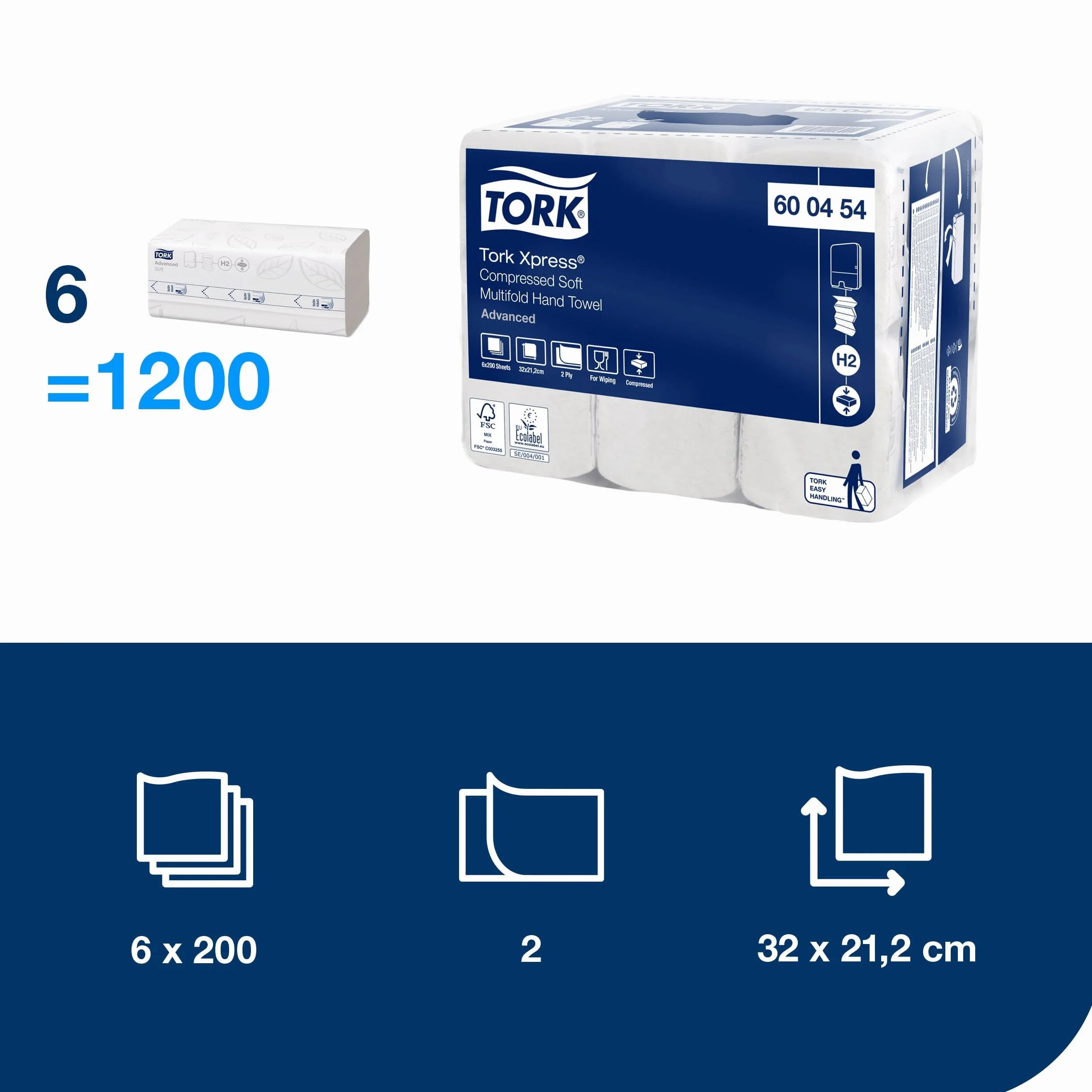 Tork Xpress Compressed Soft Multifold Hand Towels Bianco H2, Advanced, 2-ply, M-fold, Large, 6 x 200 Fogli, 600454