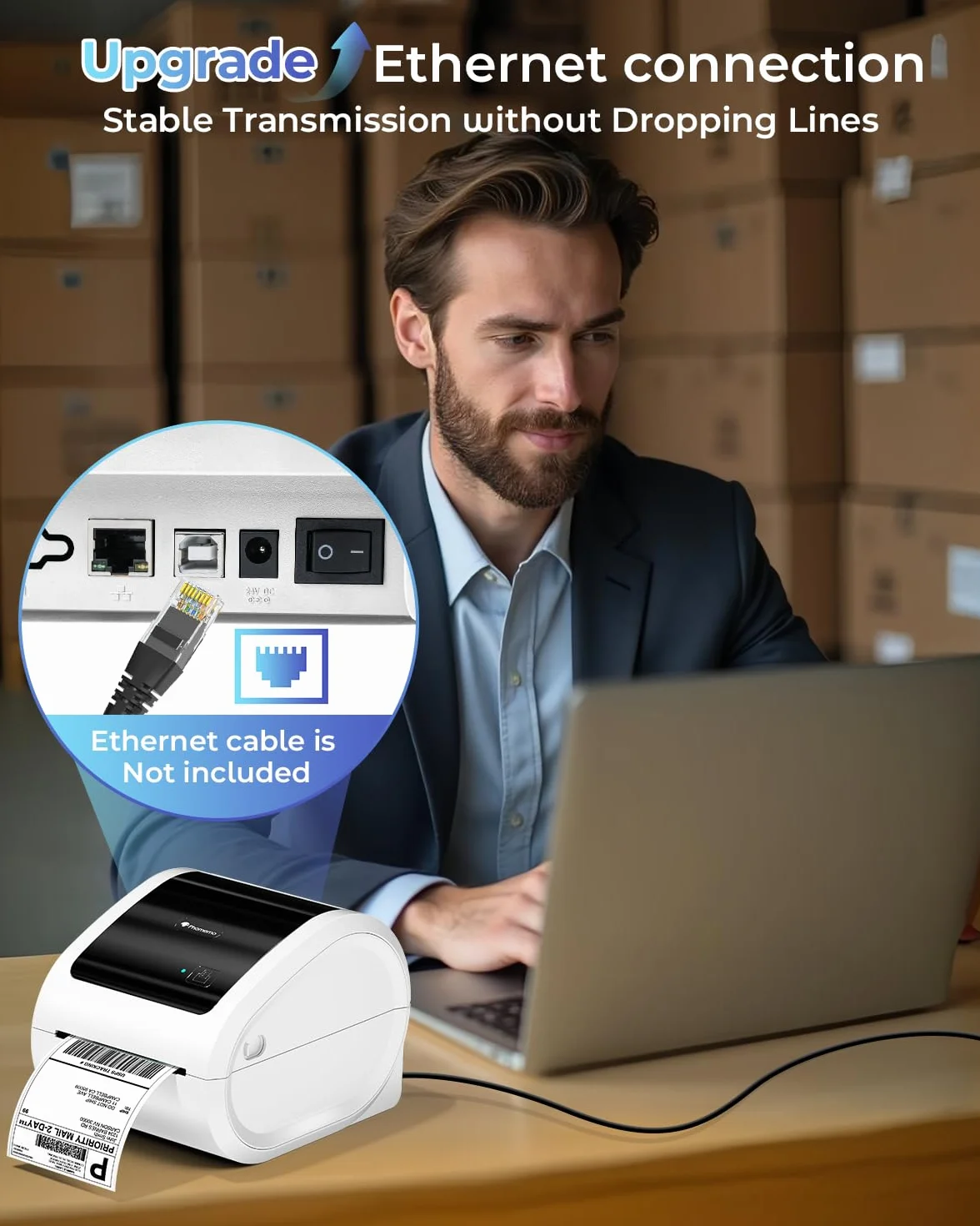 Phomemo Ethernet Stampante Etichette Spedizione, Stampante Termica Etichette da 300dpi per imprese, Supporta Ethernet, Bluetooth e USB, Compatibile con Amazon, Vinted, BRT, UPS, Bianco
