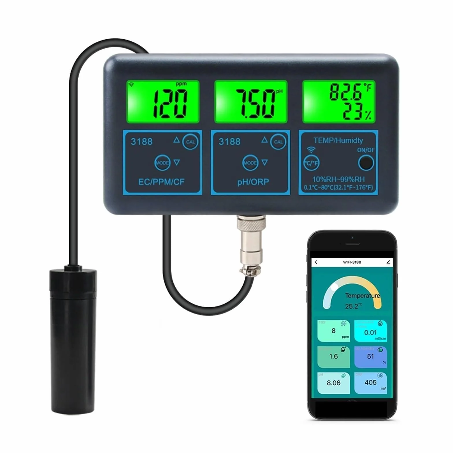 Misuratore di pH WiFi, temperatura, TDS, EC, ORP, tester dell'acqua, analizzatore digitale intelligente con app Tuya,Resistenza alla corrosione