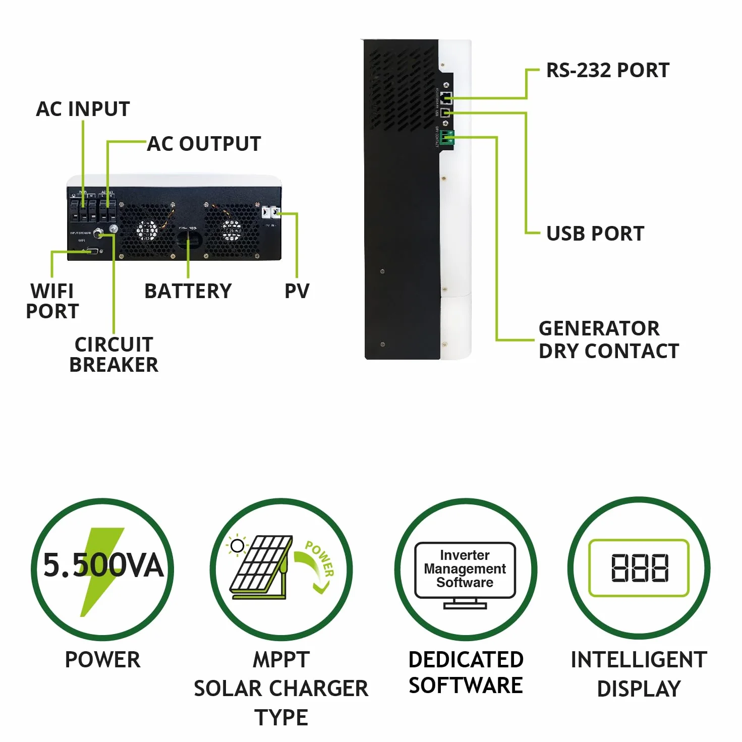 Tecnoware Power Systems - Inverter Ibrido Solare 5500VA, Onda Sinusoidale Pura, MPPT Controller, Caricabatterie Intelligente, Software di Gestione, Alimentazione Continua, Bianco, 5500VA