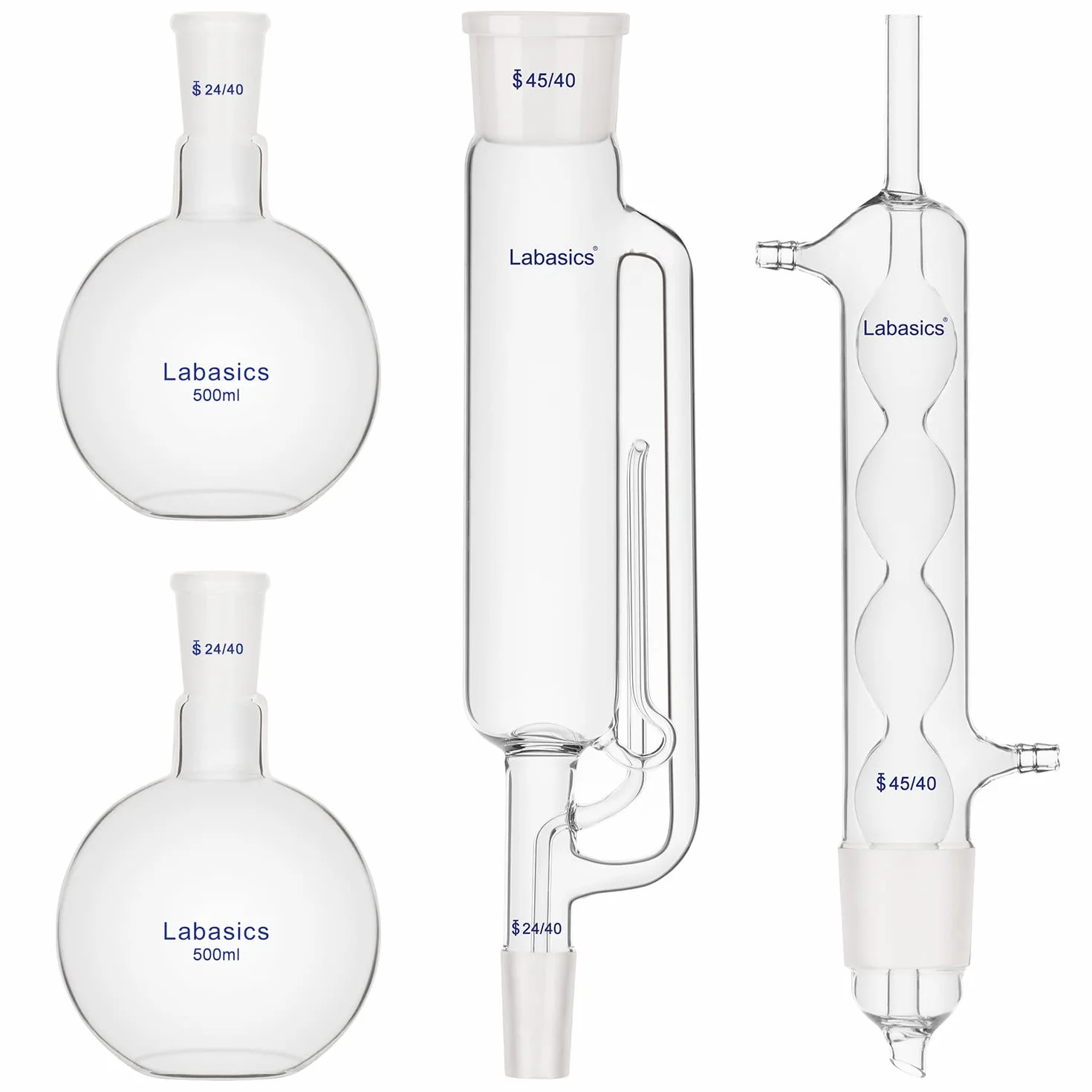 Labasics Apparecchio di Estrazione Tipo Soxhlet, Estrattore Soxhlet in Vetro Borosilicato 45/40 con Condensatore Allihn e 2x Matracci a Fondo Piatto con Giunto 24/40, Unità Completa, 500 ml