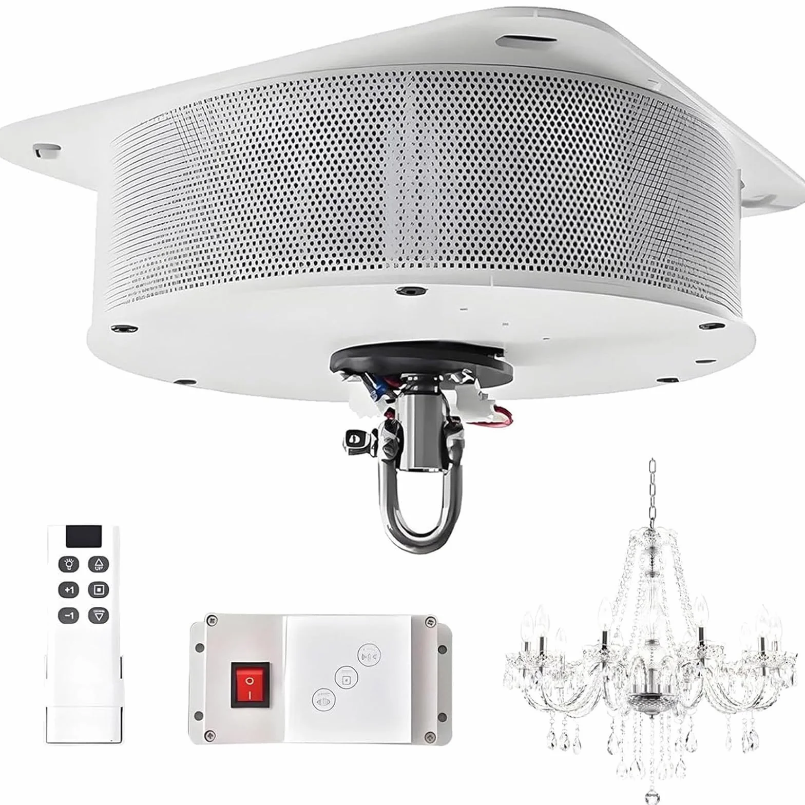 Paranco Elettrico lampadari, Sis-Tema Sollevamento lampadari 2 in 1 con Telecomando + Interruttore a Parete, Sollevatore per lampade a Sospensione Villas, Corsa Sollevamento 6 Metri. 70KG