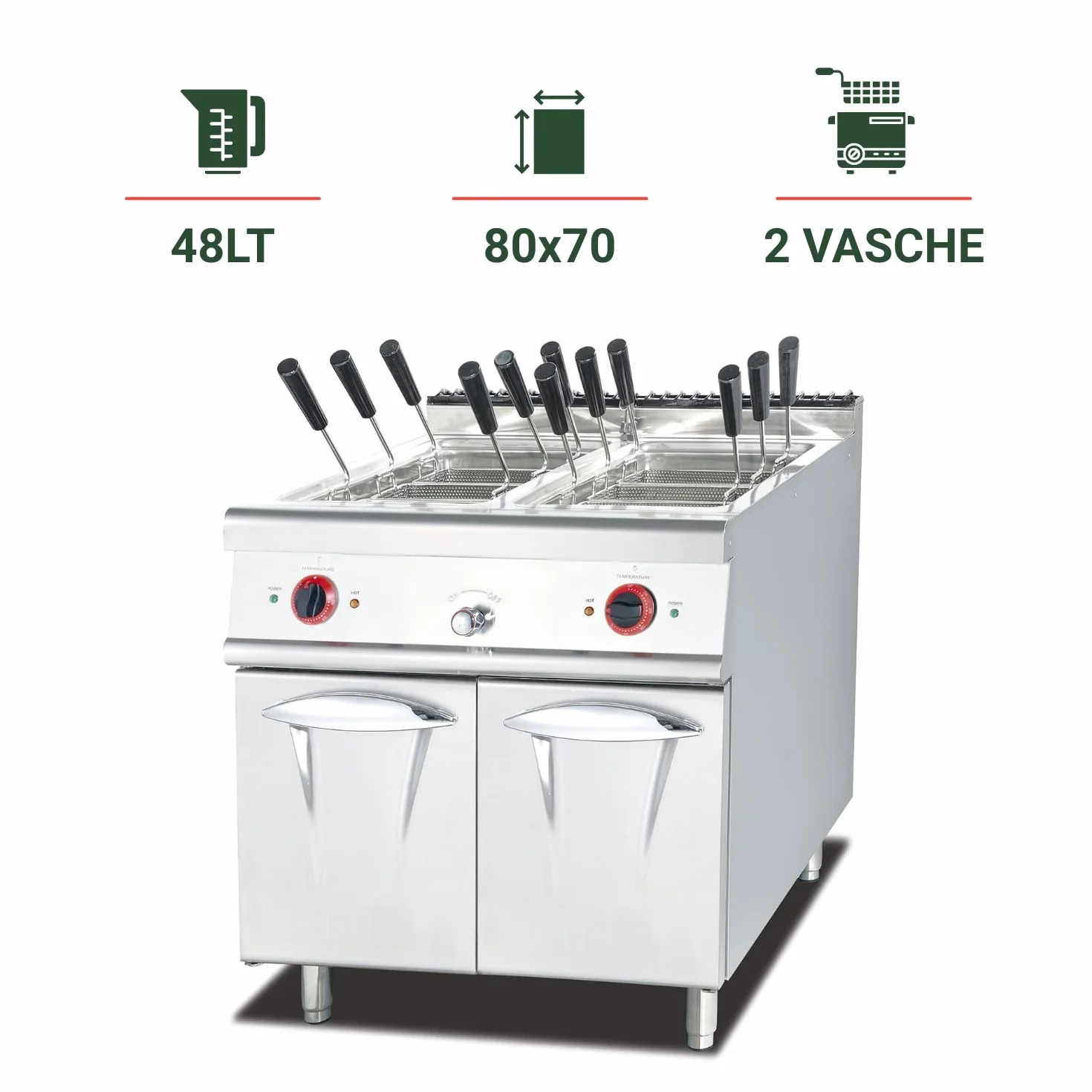 Ristoattrezzature Cuocipasta Elettrico su Vano Chiuso - Acciaio Inox - 2 vasche - Capacità di 24+24 litri S/70-80x70 cm