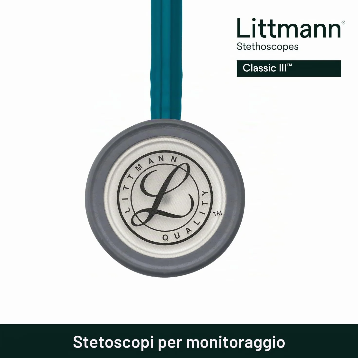 3M Littmann Classic III Stetoscopio per monitoraggio, tubo auricolare blu Caraibi, 69 cm