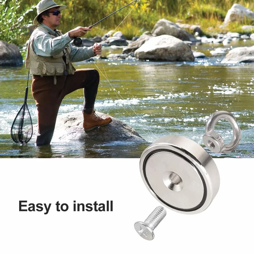 Magneti Neodimio Potente 62 kg Rotondo con Golfare per Pesca Magnetica Recupero Oggetti