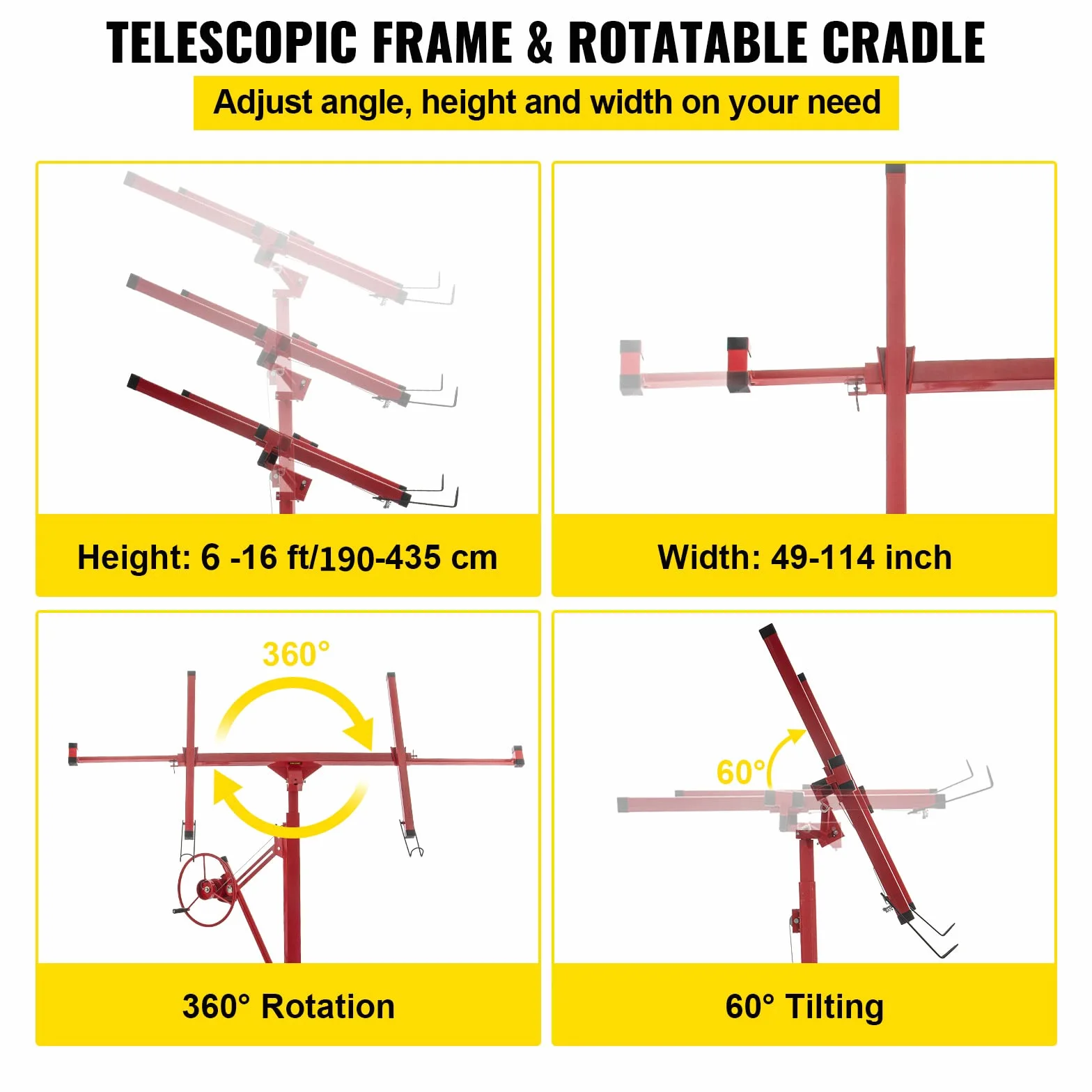 VEVOR Pannello sollevatore per cartongesso da 16 piedi, capacità peso 150 libbre, martinetto per pannelli, materiale in acciaio con braccio telescopico 48x192 cm in cartongesso