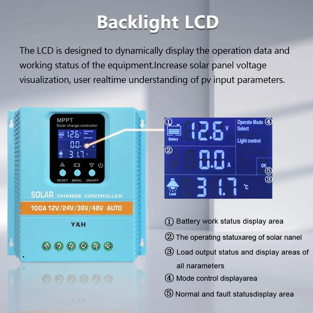 Y&H MPPT Regolatore di carica solare 100A 12V 24V 36V 48V display LCD regolazione intelligente max 100V ingresso Dual USB per piombo-acido/litio