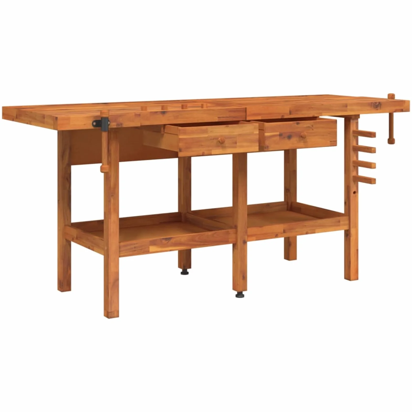 Homgoday Banco da Lavoro in Legno di Acacia con Morse 184-192x54-62x83cm 2 Cassetti Robusto