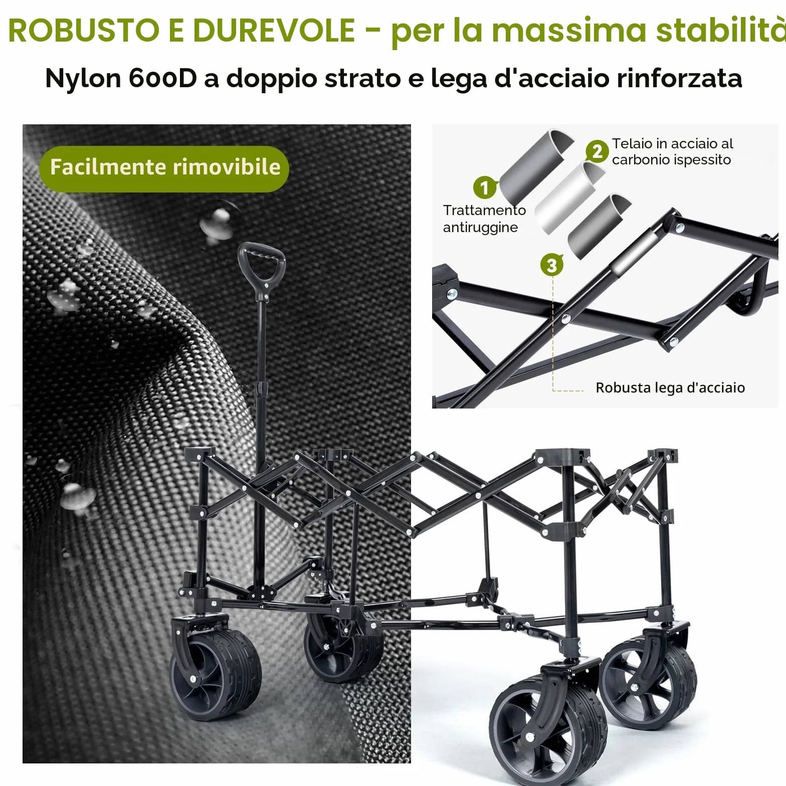 HIKENTURE - Carrellino pieghevole da 135 l, portata: 150 kg, con pneumatici larghi, con freni, carrello per la spesa, colore nero e grigio
