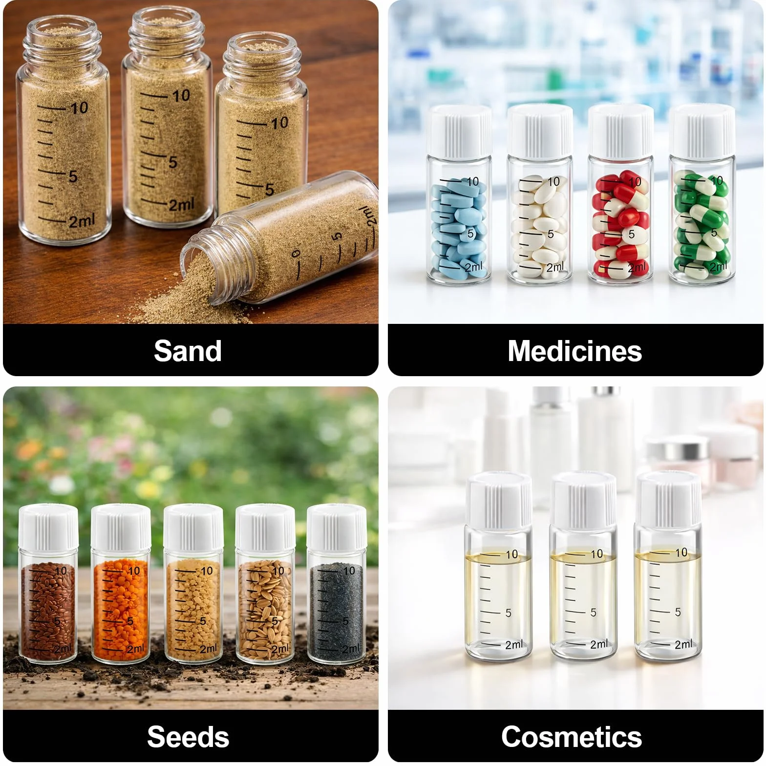 20 flaconcini di campione da 10 ml, piccole fiale di vetro con tappo a vite bianco, trasparente, campionamento di vetro, mini bottiglie di vetro con scala, flaconcini da laboratorio per