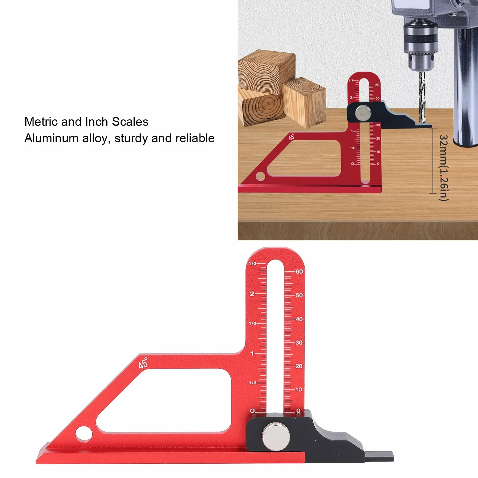 Altimetro per sega da tavolo, profondità 0-60 mm, lega di alluminio, strumento di misura, imperiale metrico a doppia scala, calibro lama angolare 45° per la lavorazione del legno