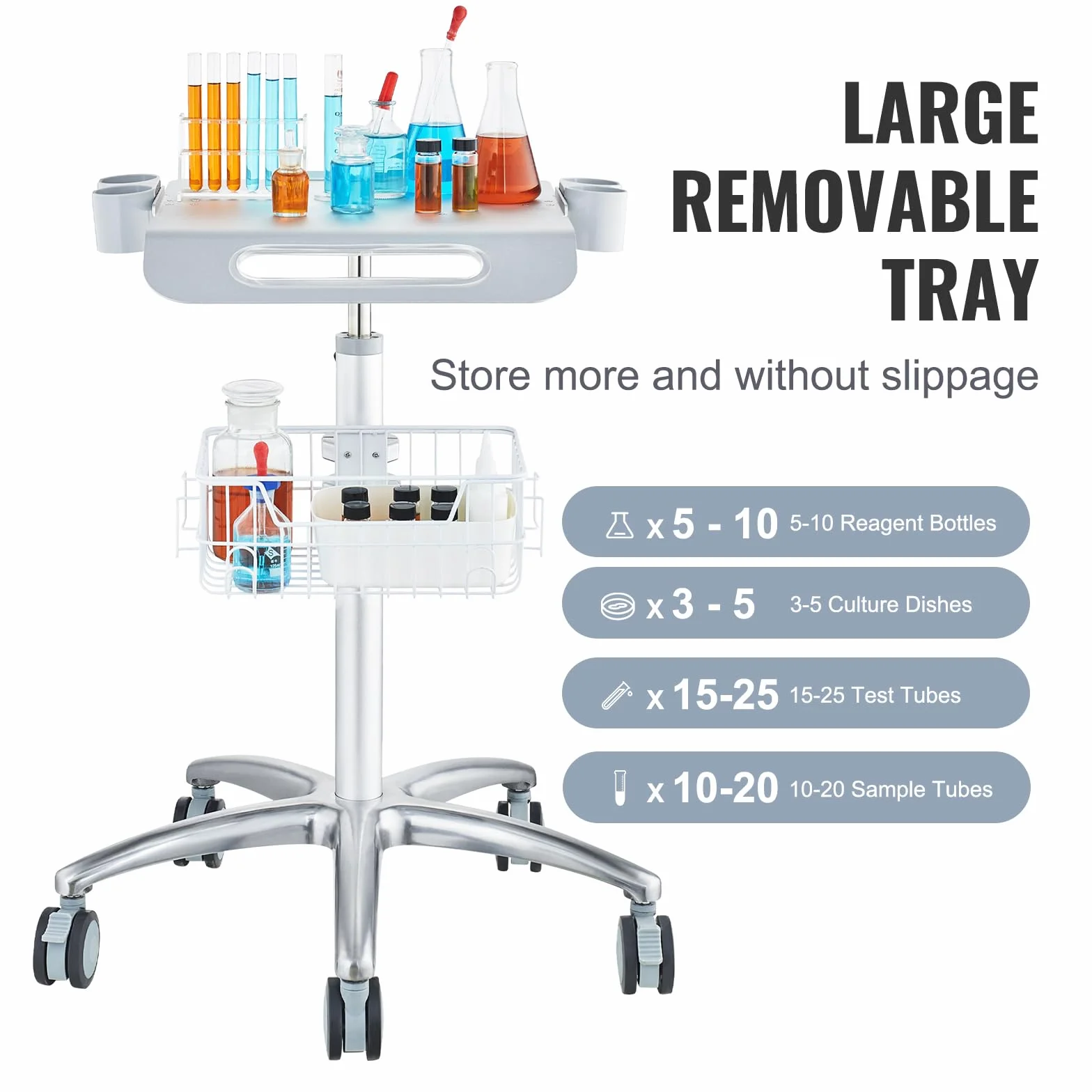 VEVOR Carrello da Laboratorio 42x40cm Carrello Medico Regolabile da 75 cm a 105 cm Il Carrello Regolabile Per Laboratorio