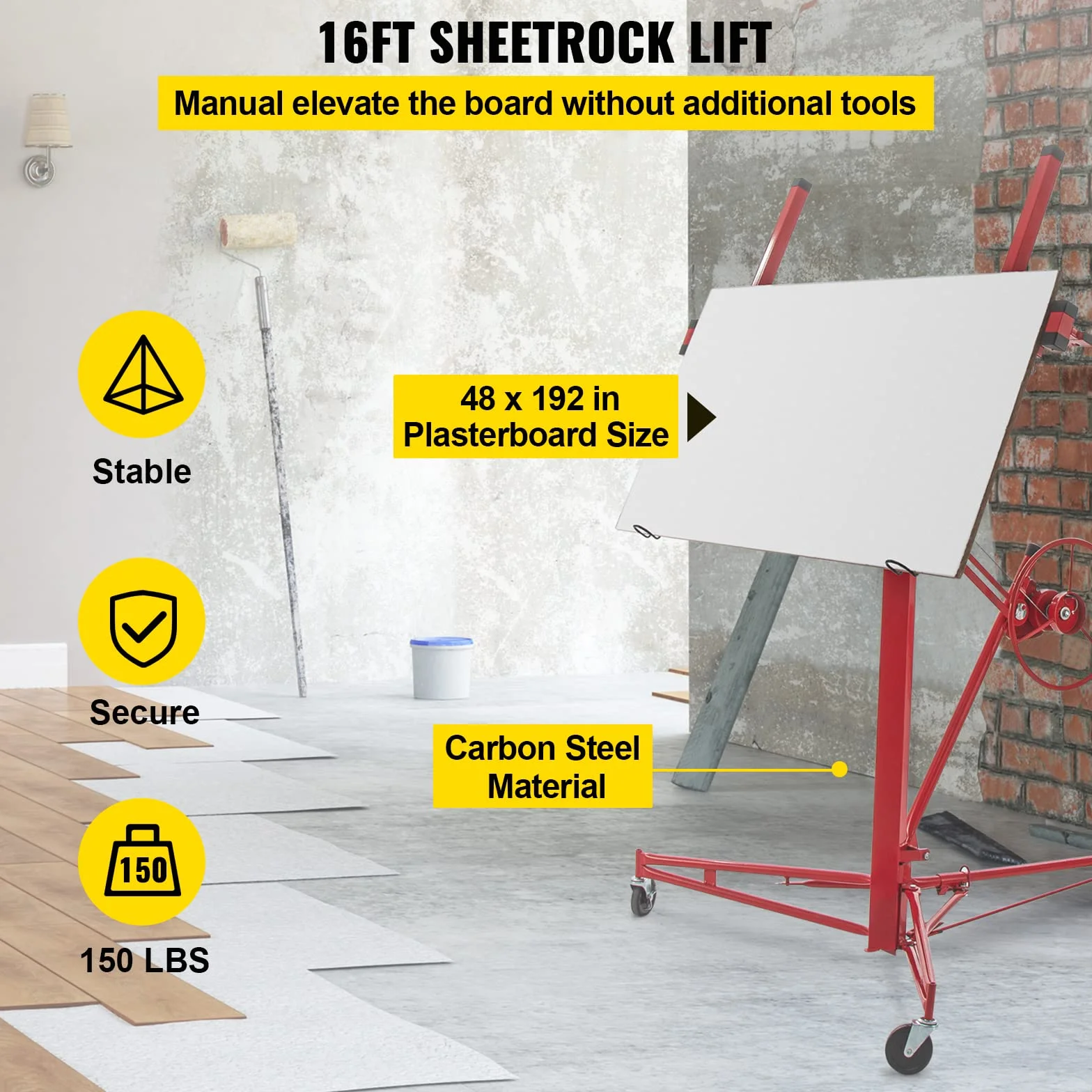 VEVOR Pannello sollevatore per cartongesso da 16 piedi, capacità peso 150 libbre, martinetto per pannelli, materiale in acciaio con braccio telescopico 48x192 cm in cartongesso