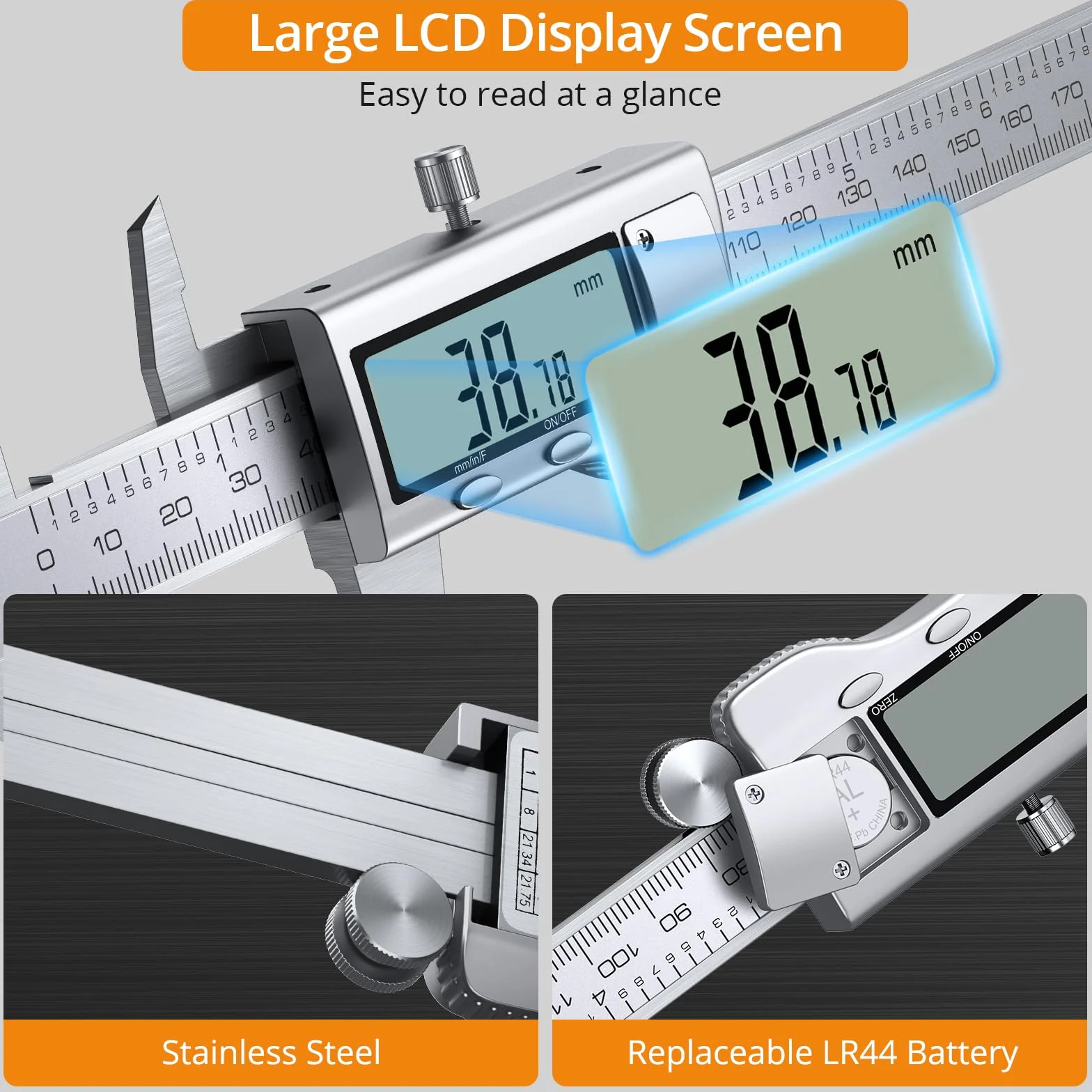 Neoteck Calibro Digitale 200mm / 8Pollice Elettronico Calibro a Corsoio Acciaio Inox Conversione Metrica/Inch/Frazioni Strumento Misurazione LCD per Lunghezza Larghezza Diametro Interno ed Esterno