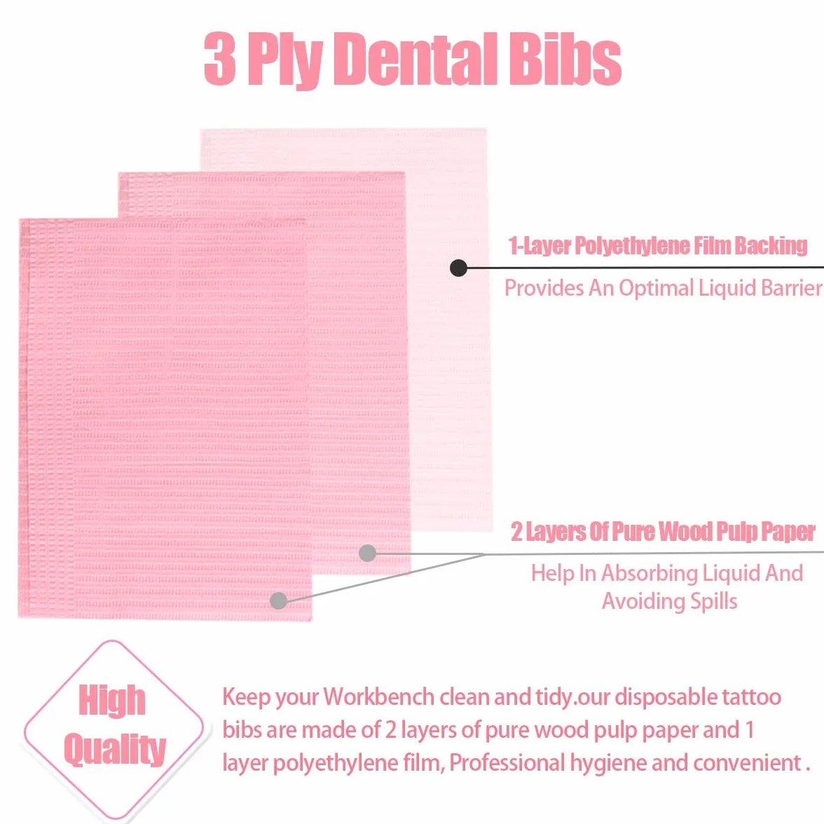 Bavaglini Monouso 33 x 45,7 cm 3 Strati Impermeabili per Tatuaggi Dentistica Salone Rosa